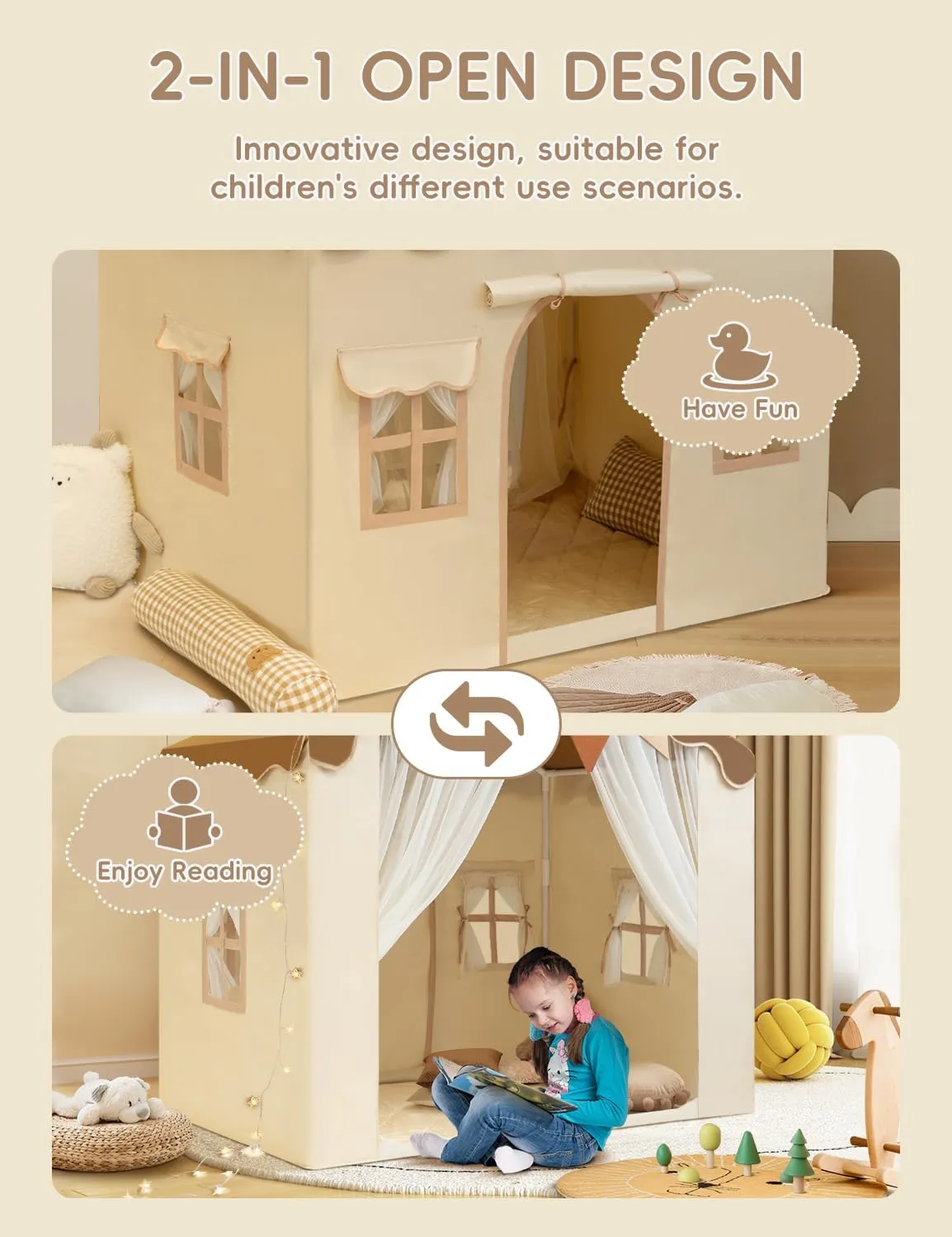 Kids Tent with Padded Mat Kids Playhouse Tent 2 in 1, Kids Play Tent Large Space Indoor with 2 Doors and 4 Windows for Girls Boys with Stars Lights, Carry Bag, Banner Flag (Brown, 2 in 1)