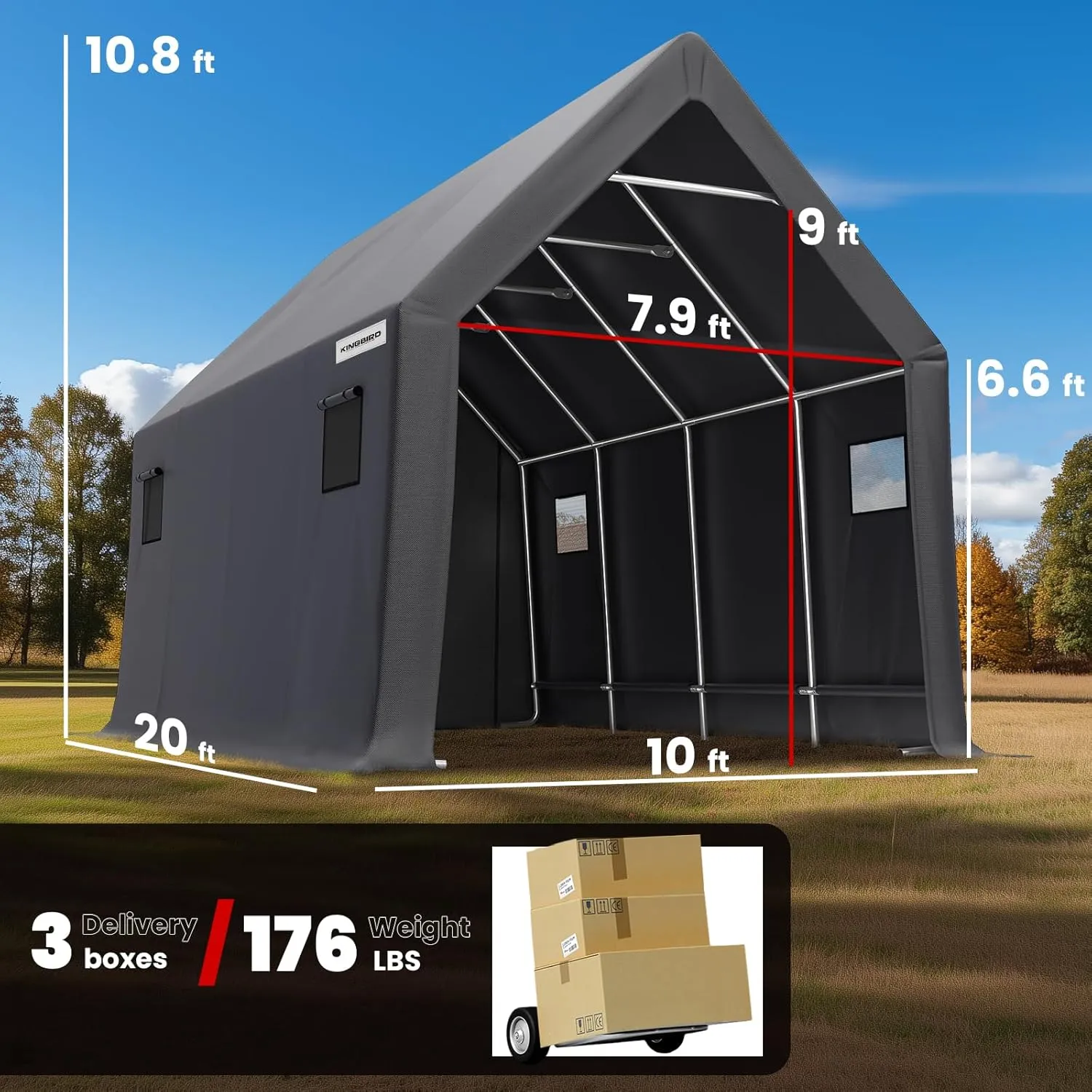 KING BIRD 10' x 20' x 10.8' Heavy Duty Anti-Snow Carport for SUV, Full-Size Truck and Boat, Outdoor Car Canopy Boat Shelter with Reinforced Ground Bars-Dark Gray