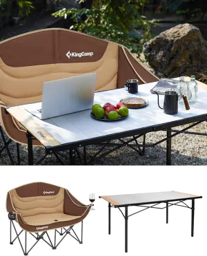 KingCamp Double Camping Chair Loveseat Oversized Folding Camping Table, Aluminum Roll-Up Camp Table