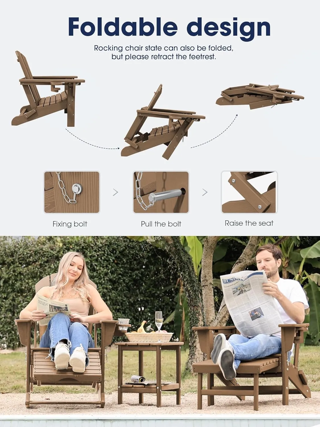 KINGYES Adirondack Rocking Chair with Retractable Ottoman and Cup Holders, HDPE Adirondack Rocker Patio Rocking Chair for Porch, Patio, Balcony, Brown