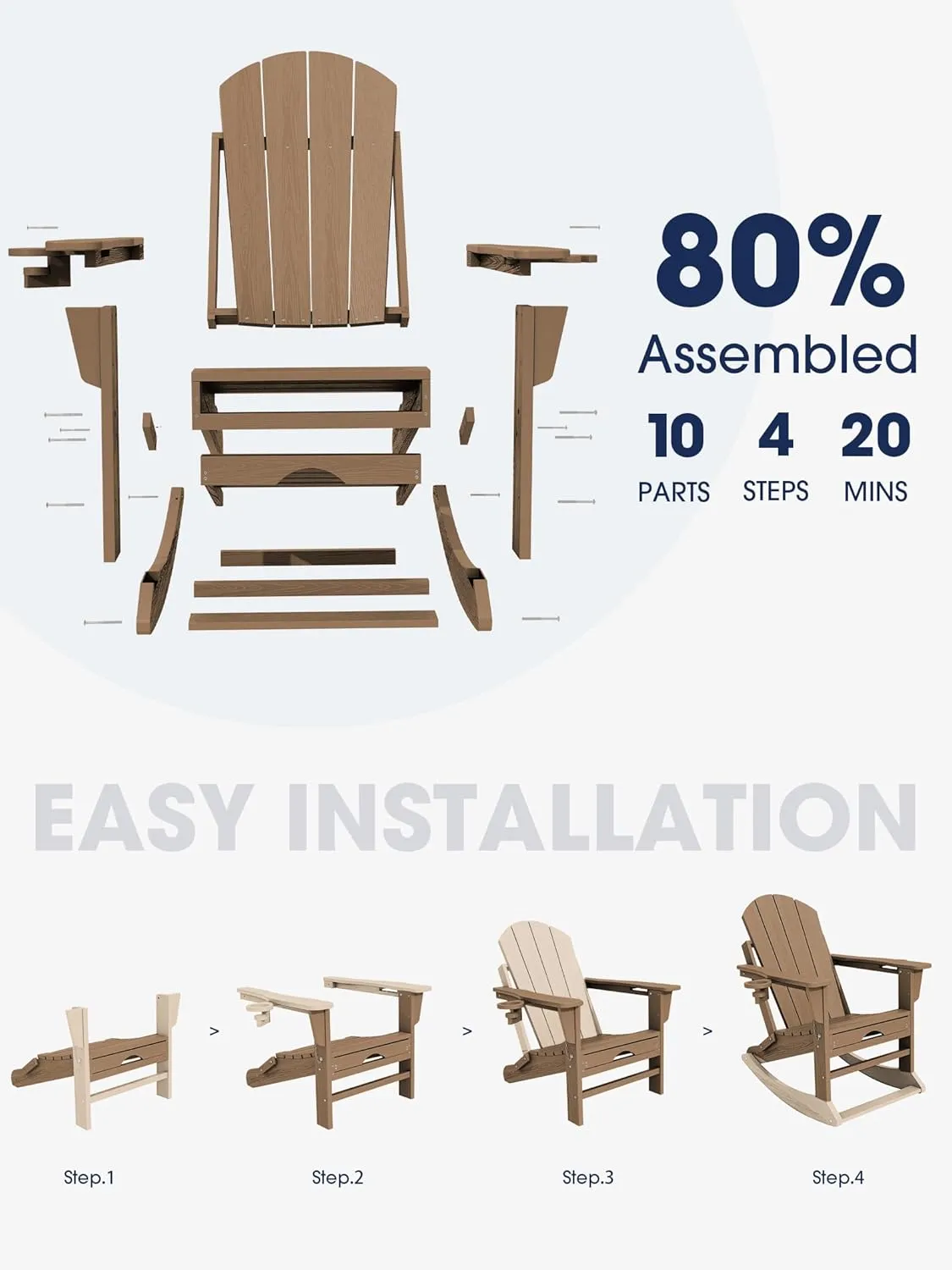 KINGYES Adirondack Rocking Chair with Retractable Ottoman and Cup Holders, HDPE Adirondack Rocker Patio Rocking Chair for Porch, Patio, Balcony, Brown