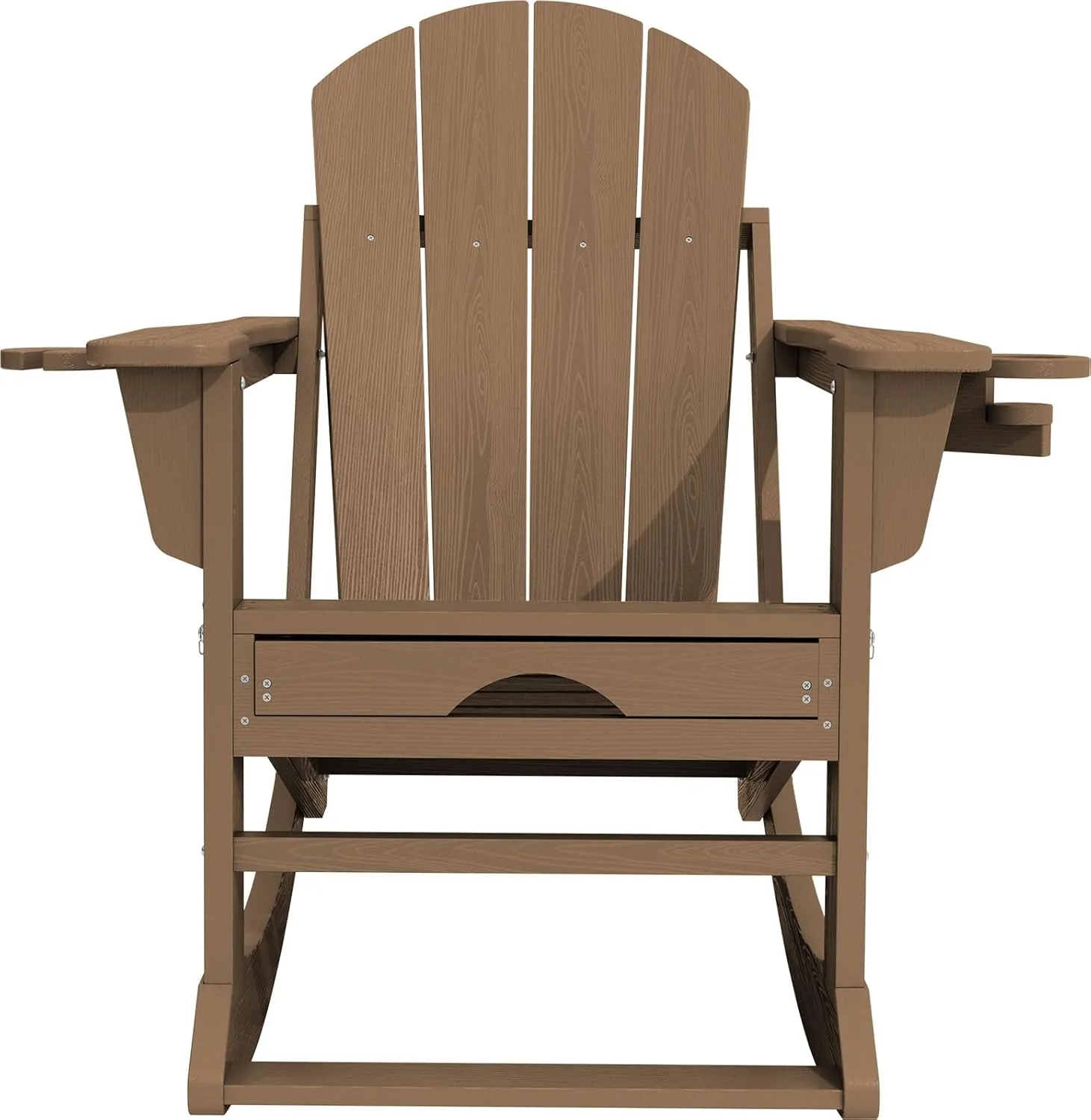 KINGYES Adirondack Rocking Chair with Retractable Ottoman and Cup Holders, HDPE Adirondack Rocker Patio Rocking Chair for Porch, Patio, Balcony, Brown