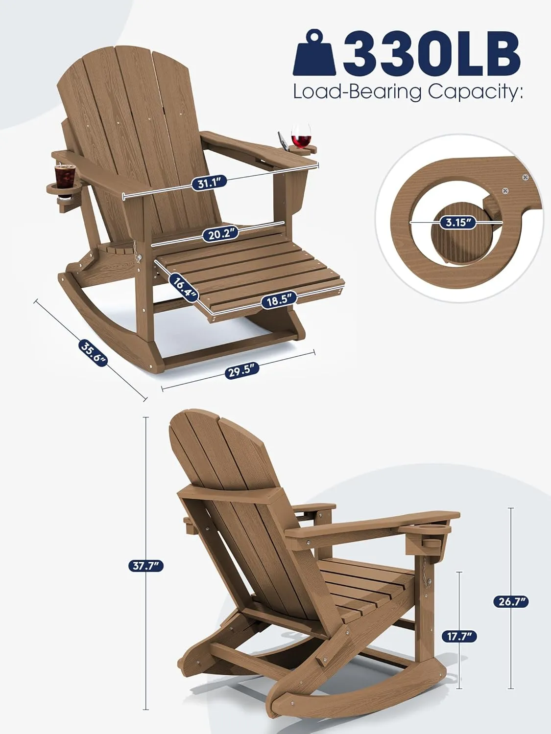 KINGYES Adirondack Rocking Chair with Retractable Ottoman and Cup Holders, HDPE Adirondack Rocker Patio Rocking Chair for Porch, Patio, Balcony, Brown