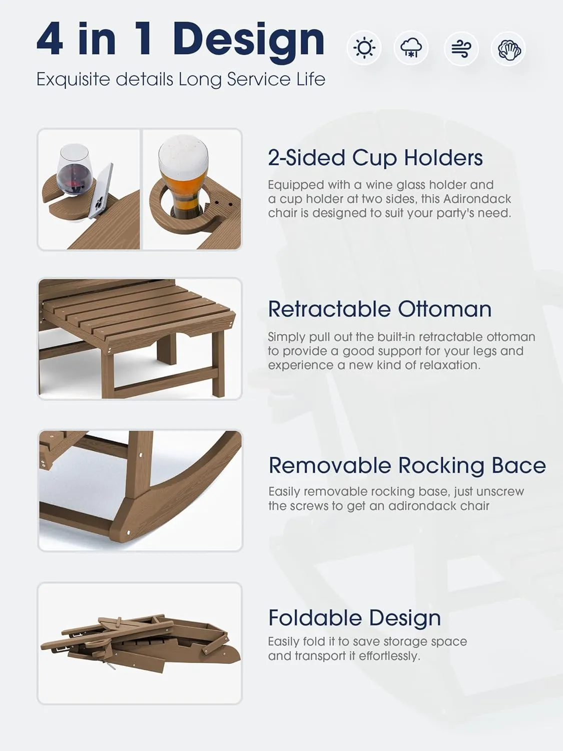 KINGYES Adirondack Rocking Chair with Retractable Ottoman and Cup Holders, HDPE Adirondack Rocker Patio Rocking Chair for Porch, Patio, Balcony, Brown
