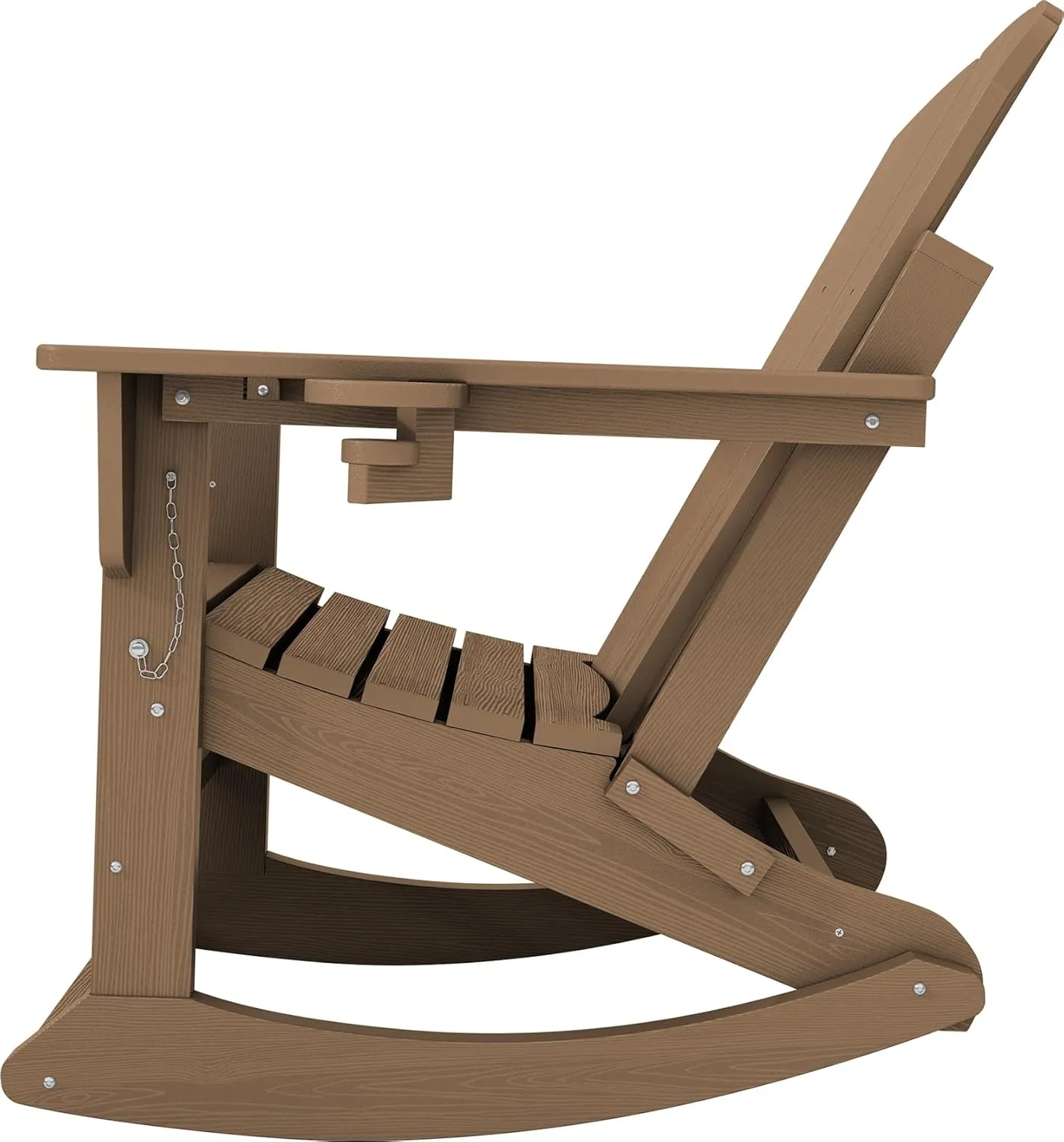 KINGYES Adirondack Rocking Chair with Retractable Ottoman and Cup Holders, HDPE Adirondack Rocker Patio Rocking Chair for Porch, Patio, Balcony, Brown