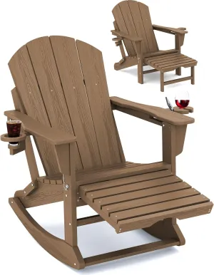 KINGYES Adirondack Rocking Chair with Retractable Ottoman and Cup Holders, HDPE Adirondack Rocker Patio Rocking Chair for Porch, Patio, Balcony, Brown