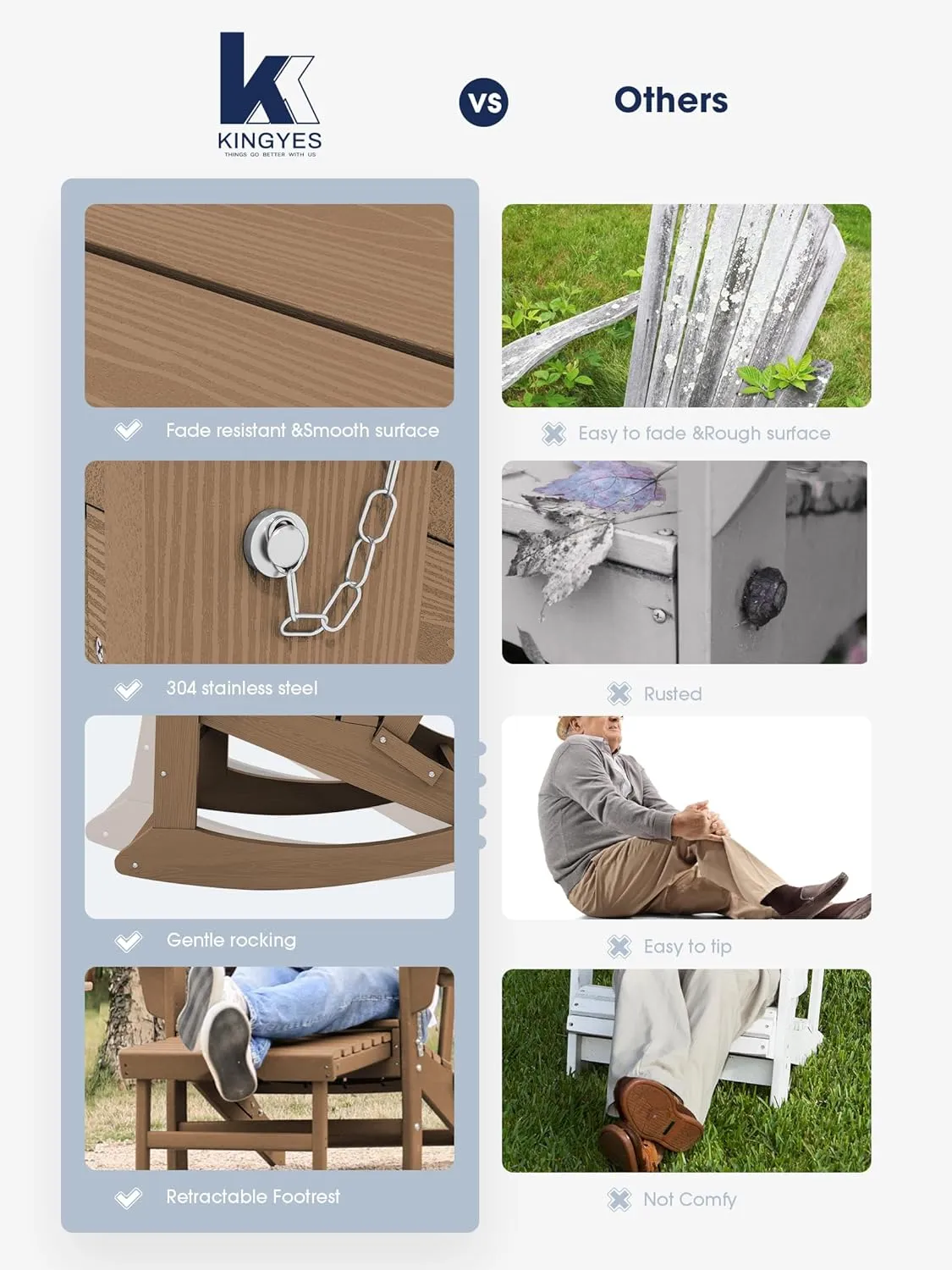 KINGYES Adirondack Rocking Chair with Retractable Ottoman and Cup Holders, HDPE Adirondack Rocker Patio Rocking Chair for Porch, Patio, Balcony, Brown