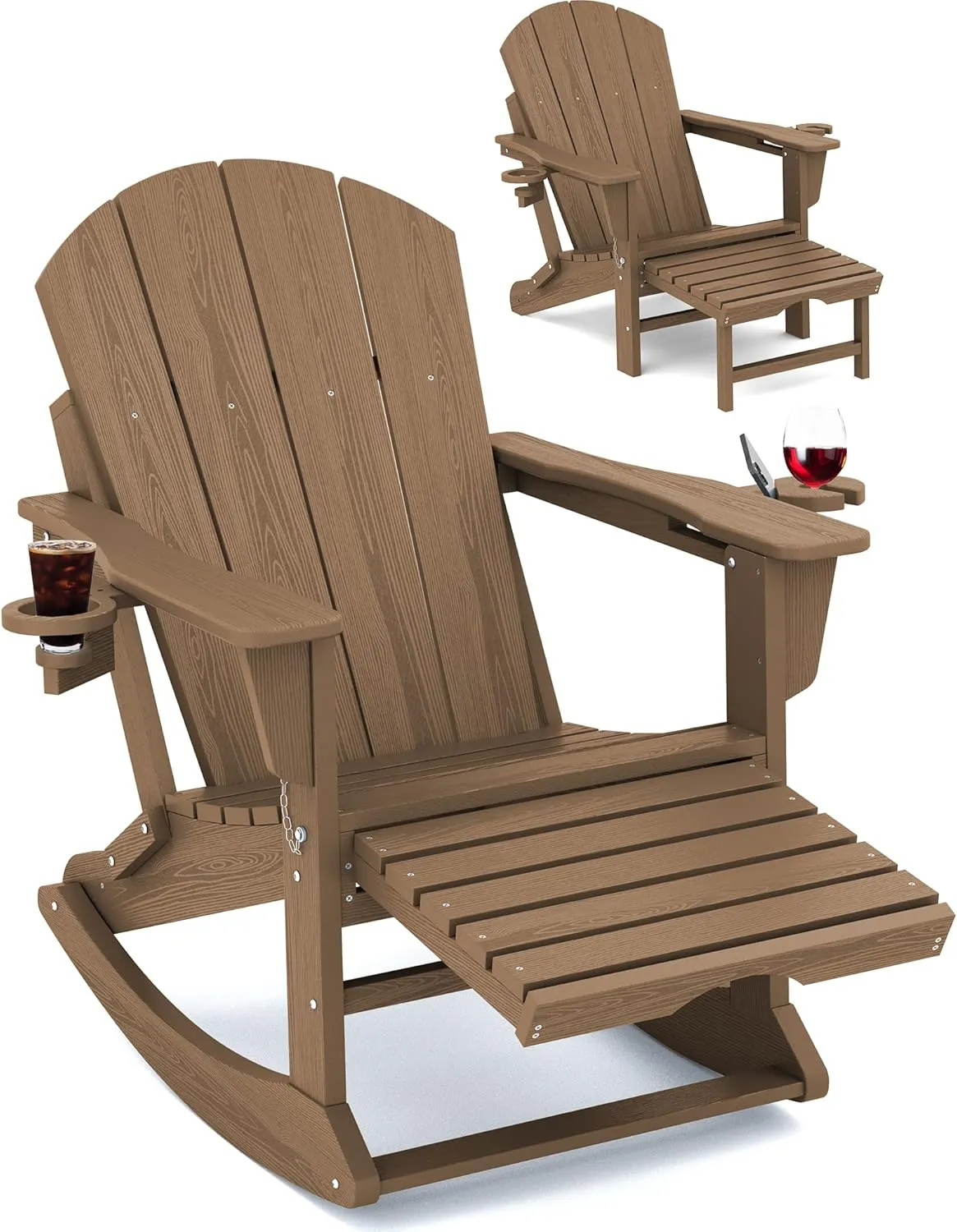 KINGYES Adirondack Rocking Chair with Retractable Ottoman and Cup Holders, HDPE Adirondack Rocker Patio Rocking Chair for Porch, Patio, Balcony, Brown