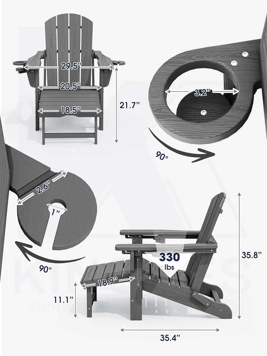 KINGYES Folding Adjustable Adirondack Chair with Retractable Ottoman, HDPE Weather Resistance Oversized Outdoor Chair with Cup Holder, Wood-Like Reclining Versatile Adirondack Chair, Grey