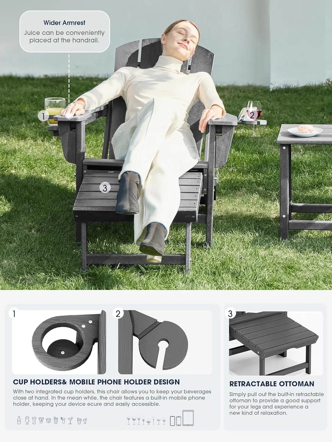 KINGYES Folding Adjustable Adirondack Chair with Retractable Ottoman, HDPE Weather Resistance Oversized Outdoor Chair with Cup Holder, Wood-Like Reclining Versatile Adirondack Chair, Grey