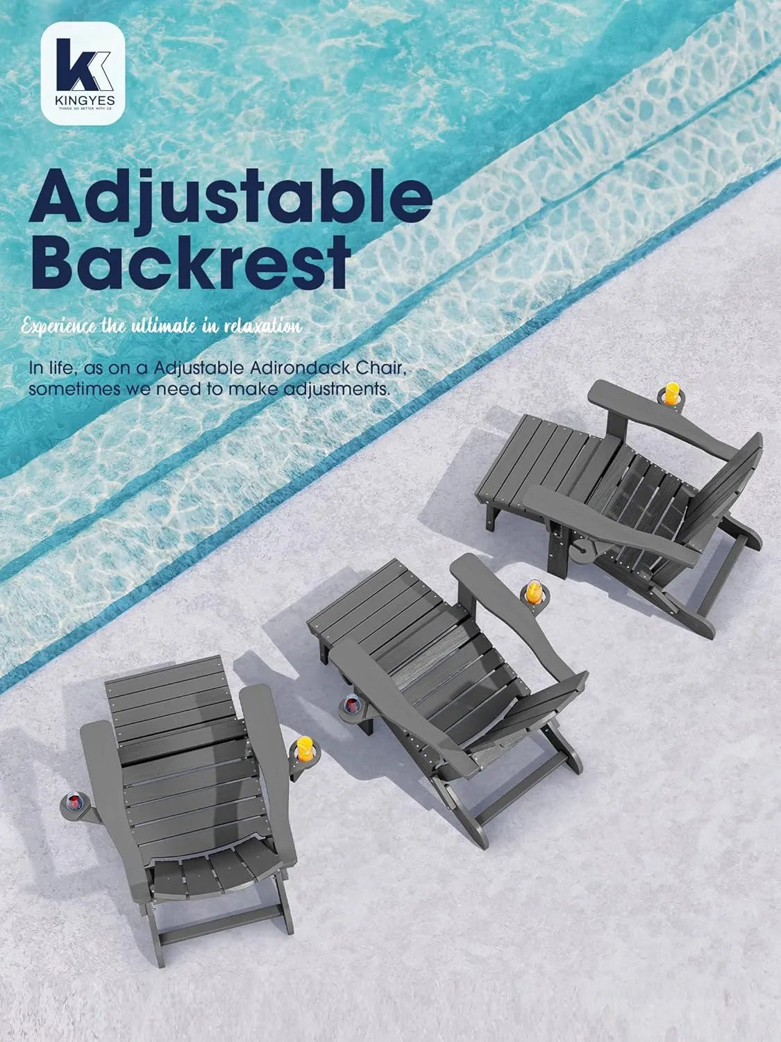 KINGYES Folding Adjustable Adirondack Chair with Retractable Ottoman, HDPE Weather Resistance Oversized Outdoor Chair with Cup Holder, Wood-Like Reclining Versatile Adirondack Chair, Grey
