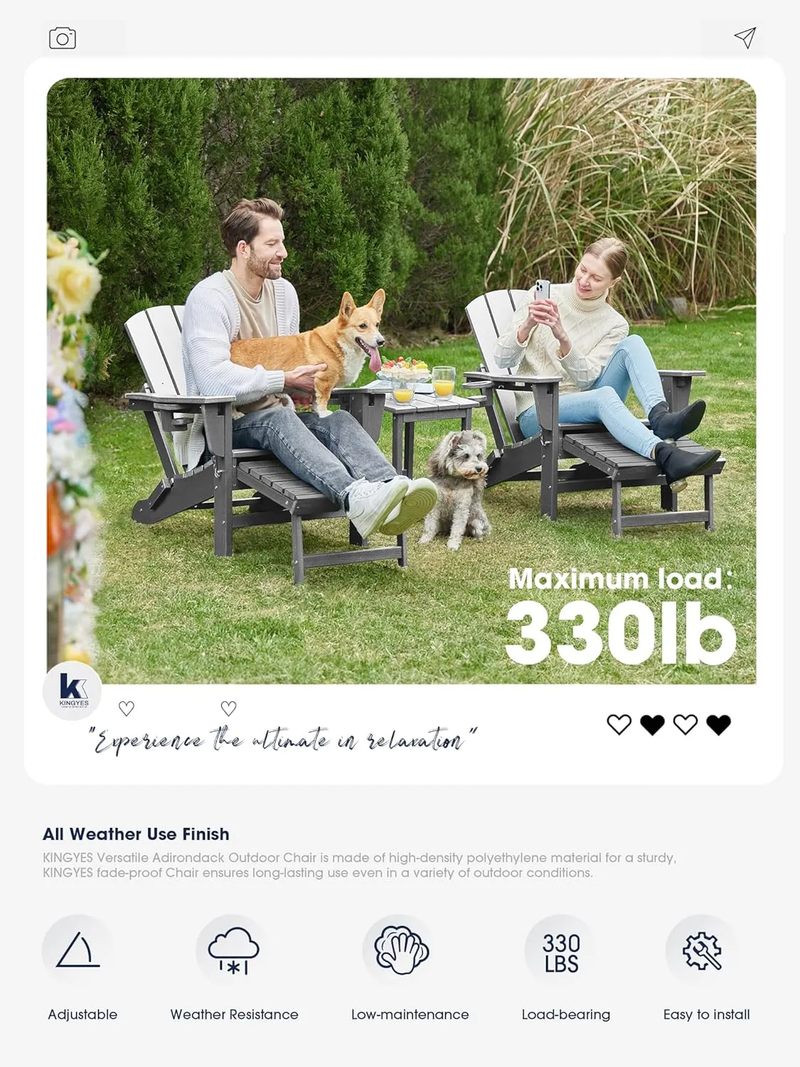 KINGYES Folding Adjustable Adirondack Chair with Retractable Ottoman, HDPE Weather Resistance Oversized Outdoor Chair with Cup Holder, Wood-Like Reclining Versatile Adirondack Chair, Grey