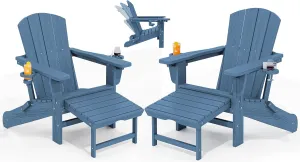 KINGYES Folding Adjustable Adirondack Chair with Retractable Ottoman Set of 2, HDPE Weather Resistance Outdoor Patio Chair with Cup Holders, Wood-Like Reclining Versatile Adirondack Chair, Blue