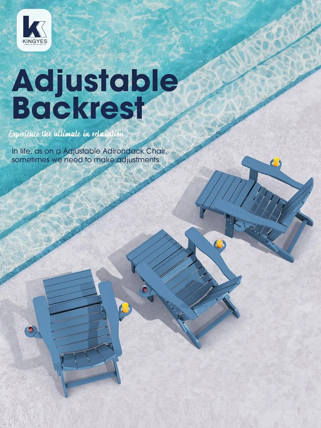 KINGYES Folding Adjustable Adirondack Chair with Retractable Ottoman Set of 2, HDPE Weather Resistance Outdoor Patio Chair with Cup Holders, Wood-Like Reclining Versatile Adirondack Chair, Blue