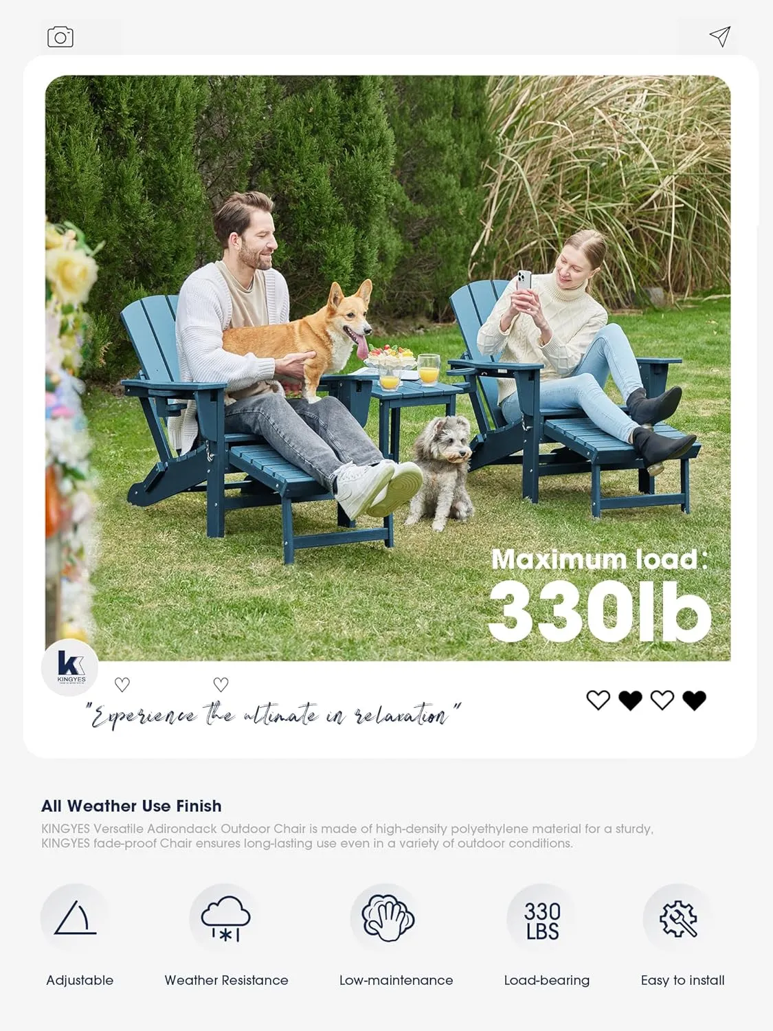 KINGYES Folding Adjustable Adirondack Chair with Retractable Ottoman Set of 2, HDPE Weather Resistance Outdoor Patio Chair with Cup Holders, Wood-Like Reclining Versatile Adirondack Chair, Blue