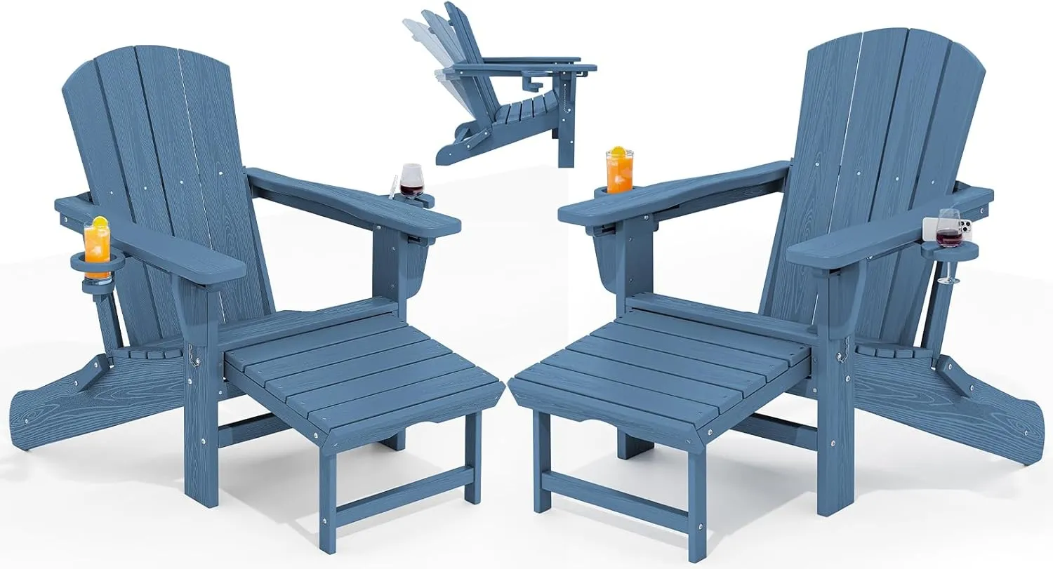 KINGYES Folding Adjustable Adirondack Chair with Retractable Ottoman Set of 2, HDPE Weather Resistance Outdoor Patio Chair with Cup Holders, Wood-Like Reclining Versatile Adirondack Chair, Blue