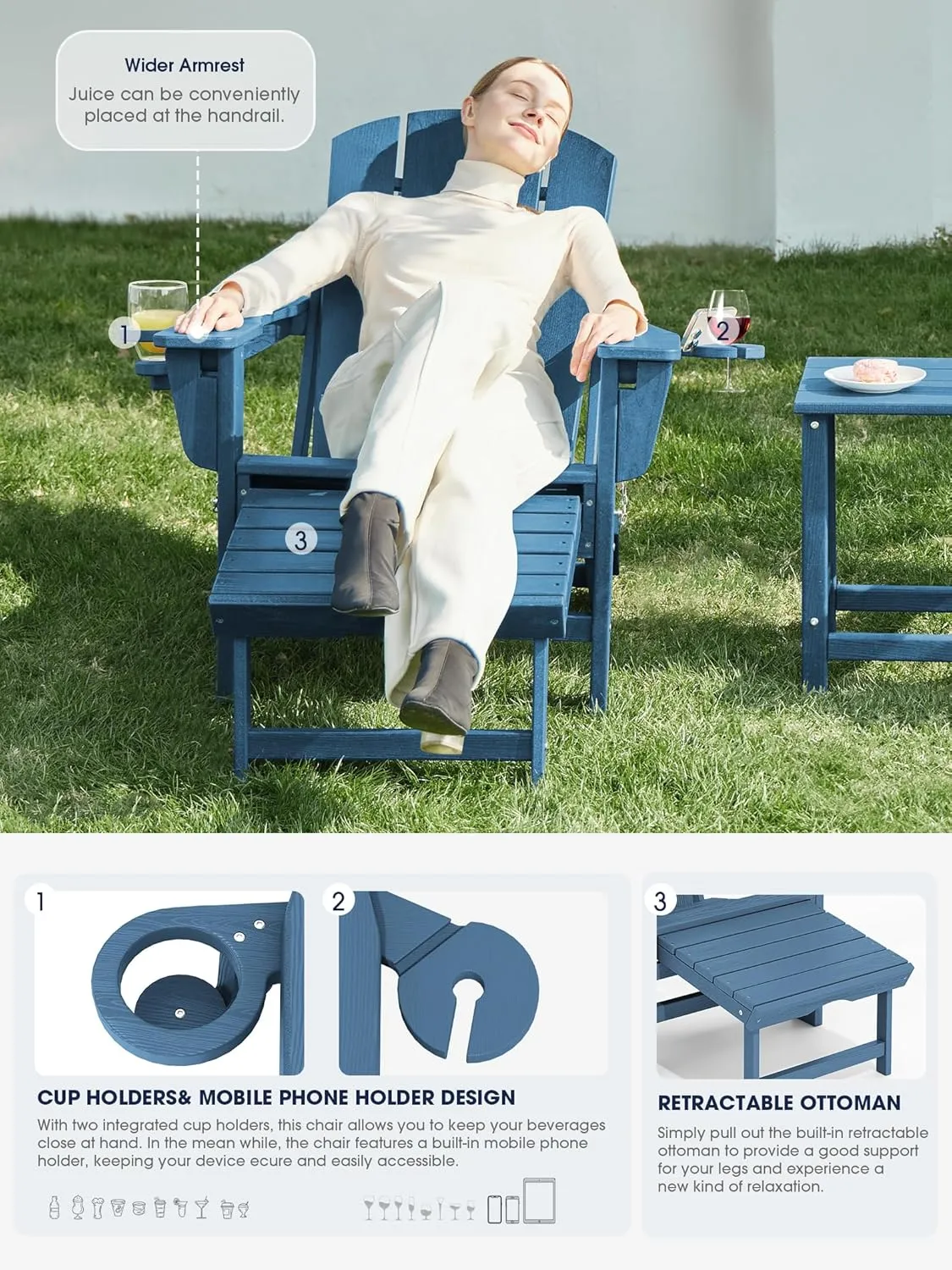 KINGYES Folding Adjustable Adirondack Chair with Retractable Ottoman Set of 2, HDPE Weather Resistance Outdoor Patio Chair with Cup Holders, Wood-Like Reclining Versatile Adirondack Chair, Blue