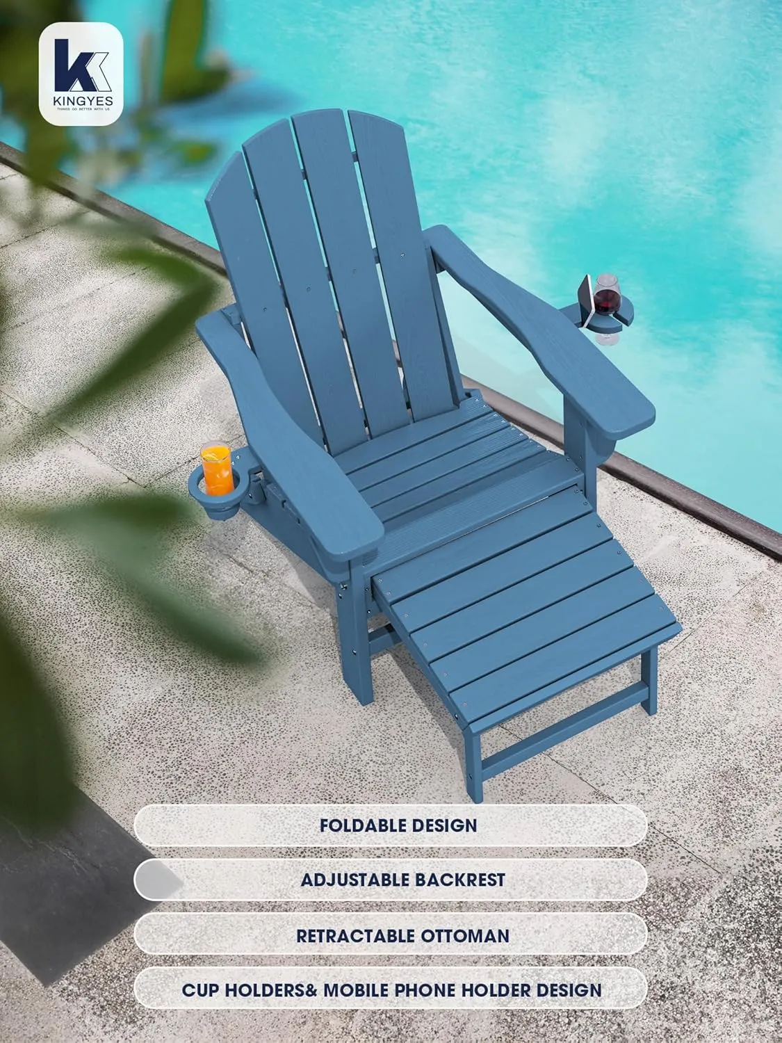 KINGYES Folding Adjustable Adirondack Chair with Retractable Ottoman Set of 2, HDPE Weather Resistance Outdoor Patio Chair with Cup Holders, Wood-Like Reclining Versatile Adirondack Chair, Blue