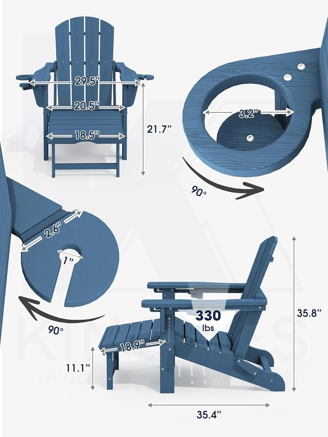 KINGYES Folding Adjustable Adirondack Chair with Retractable Ottoman Set of 2, HDPE Weather Resistance Outdoor Patio Chair with Cup Holders, Wood-Like Reclining Versatile Adirondack Chair, Blue