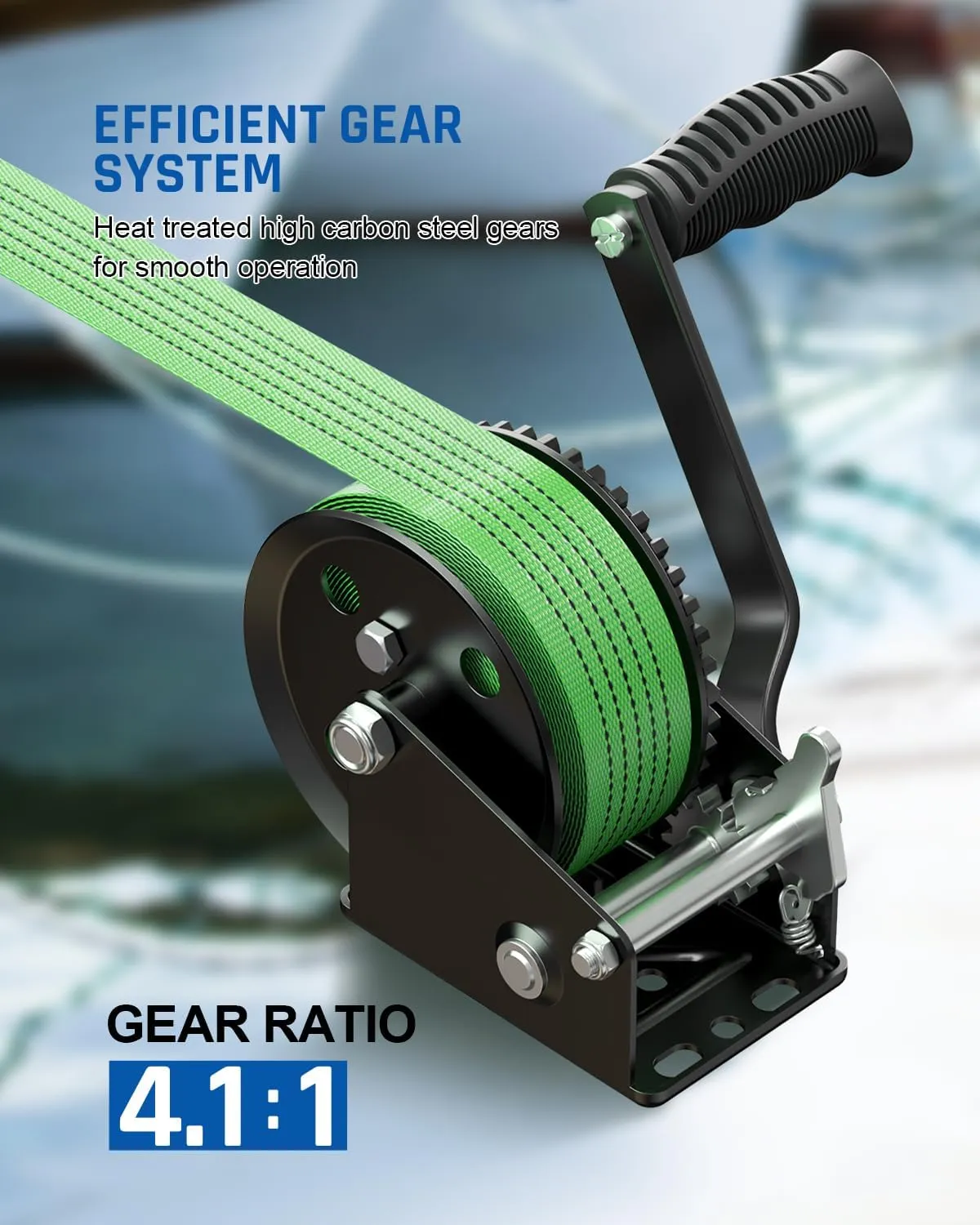 Kolvoii 1200lbs Boat Trailer Winch with 26FT Strap, Portable Hand Crank Winch 2-Way Ratchet 4:1 Gear Ratio, Comfortable Handle for Boat, Trailer, Marine, and Jet Ski - Green