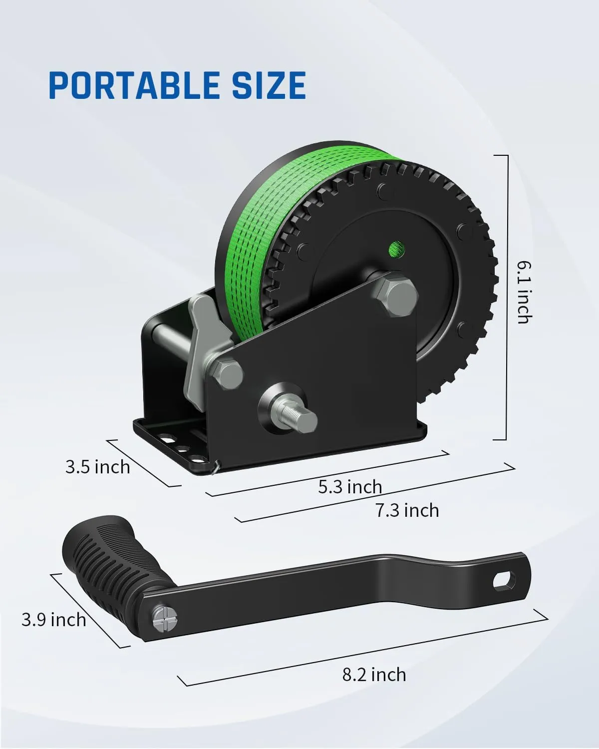Kolvoii 1200lbs Boat Trailer Winch with 26FT Strap, Portable Hand Crank Winch 2-Way Ratchet 4:1 Gear Ratio, Comfortable Handle for Boat, Trailer, Marine, and Jet Ski - Green