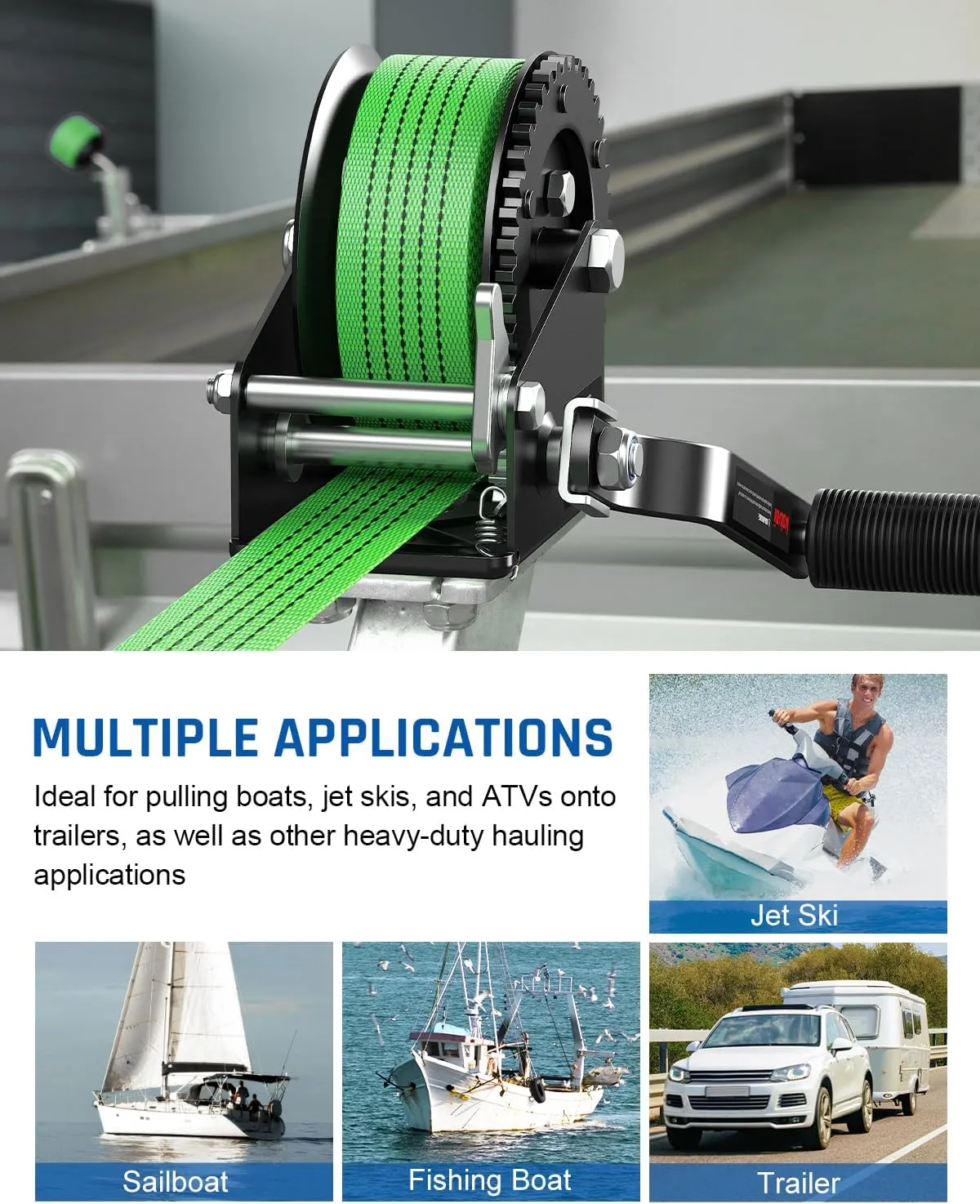 Kolvoii 1200lbs Boat Trailer Winch with 26FT Strap, Portable Hand Crank Winch 2-Way Ratchet 4:1 Gear Ratio, Comfortable Handle for Boat, Trailer, Marine, and Jet Ski - Green