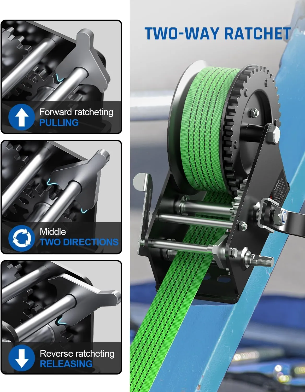 Kolvoii 3500lbs Boat Trailer Winch with 33FT Strap, Heavy Duty Hand Winch 2-Way Ratchet 4:1/8:1 Gear Ratio, Comfortable Handle for Boat, Trailer, Marine, and Jet Ski - Green