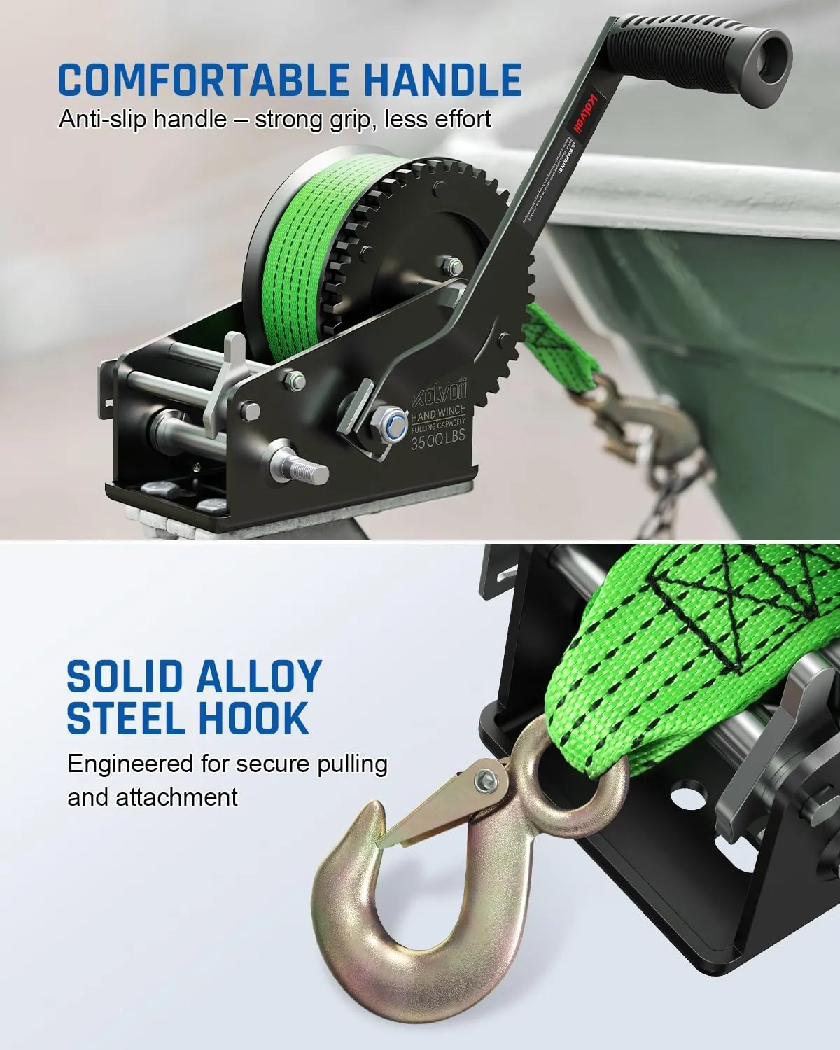 Kolvoii 3500lbs Boat Trailer Winch with 33FT Strap, Heavy Duty Hand Winch 2-Way Ratchet 4:1/8:1 Gear Ratio, Comfortable Handle for Boat, Trailer, Marine, and Jet Ski - Green