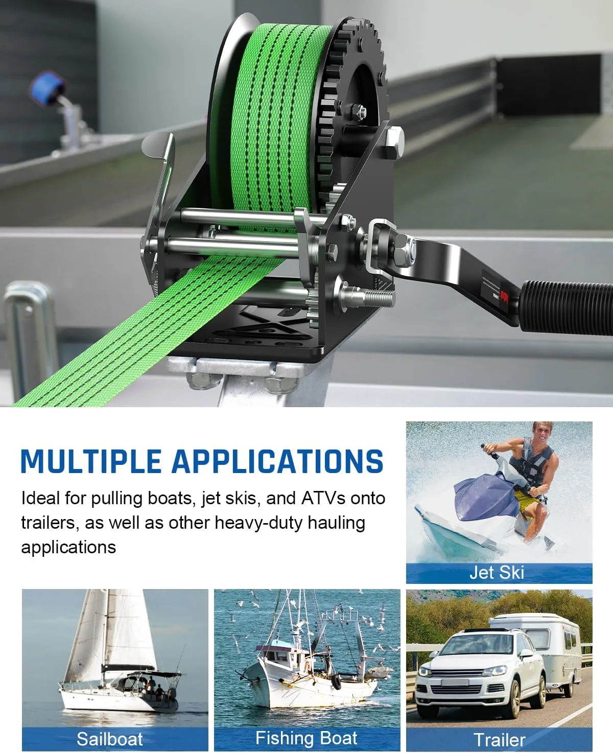 Kolvoii 3500lbs Boat Trailer Winch with 33FT Strap, Heavy Duty Hand Winch 2-Way Ratchet 4:1/8:1 Gear Ratio, Comfortable Handle for Boat, Trailer, Marine, and Jet Ski - Green