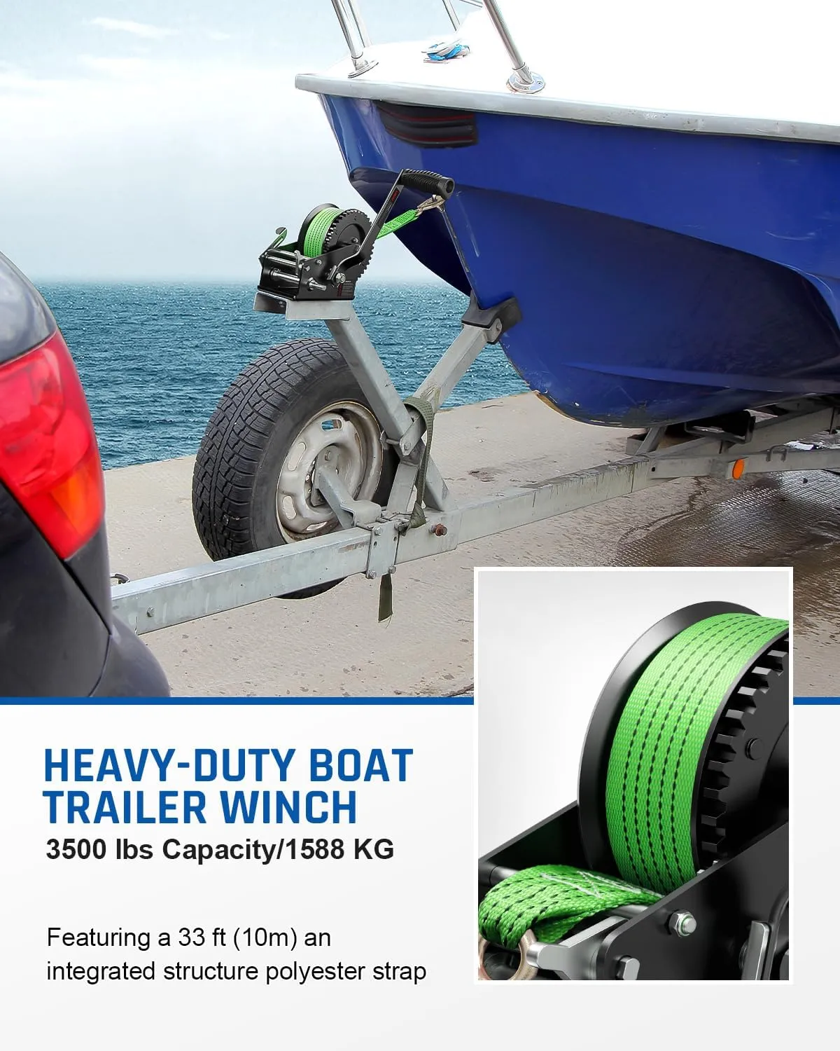 Kolvoii 3500lbs Boat Trailer Winch with 33FT Strap, Heavy Duty Hand Winch 2-Way Ratchet 4:1/8:1 Gear Ratio, Comfortable Handle for Boat, Trailer, Marine, and Jet Ski - Green