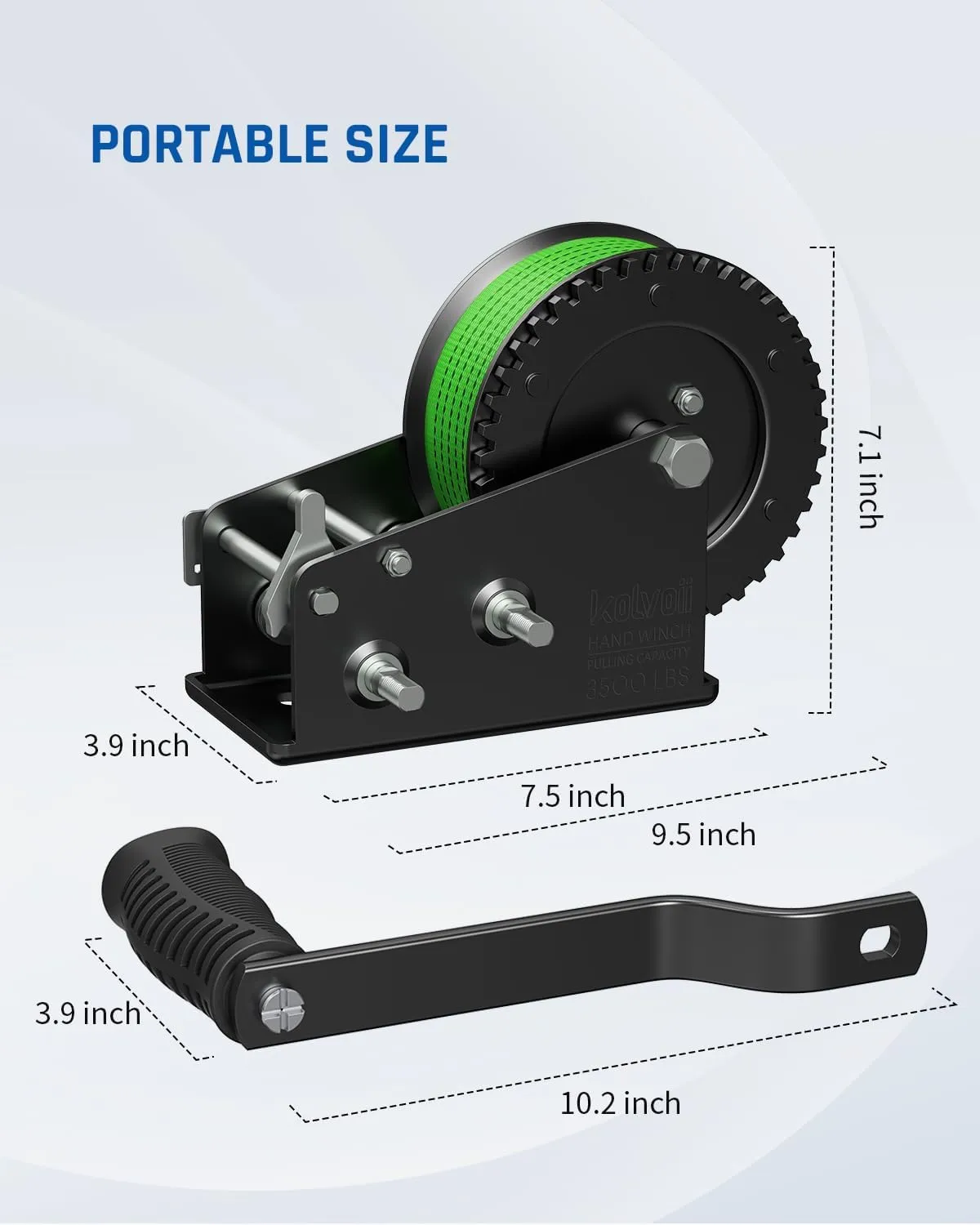 Kolvoii 3500lbs Boat Trailer Winch with 33FT Strap, Heavy Duty Hand Winch 2-Way Ratchet 4:1/8:1 Gear Ratio, Comfortable Handle for Boat, Trailer, Marine, and Jet Ski - Green