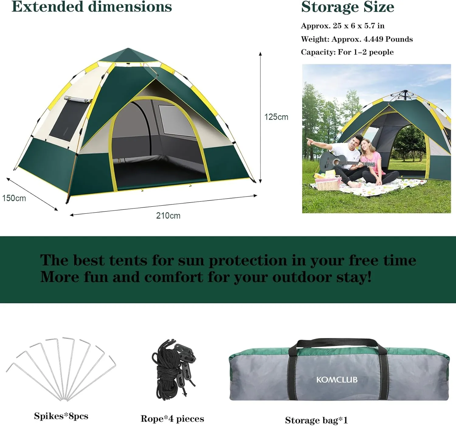 KOMCLUB Camping Tent 1/2/3 Person Tents for Family Camp Tent Waterproof Windproof Outdoor for Backpacking Hiking Easy Setup with Storage Bag,8 Ground ding,4 Windproof Rope
