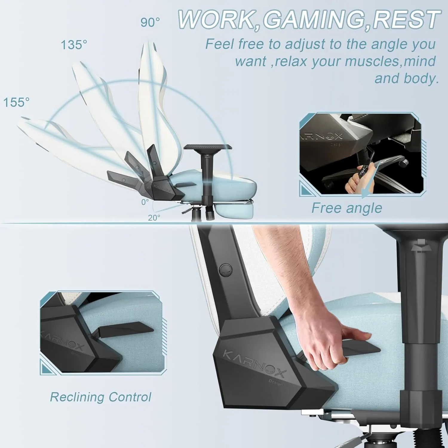 KORNOX Ergonomic Gaming Chair Fabric with Footrest for Adults,Office Chair High Back,Game Chair Racing Cloth Height Adjustable,Game Chair with Headrest and Lumbar Support for Girls,White and Blue
