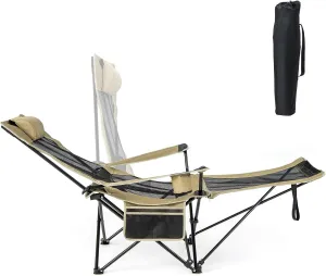 KOTEK Reclining Camping Chair, Portable Lounge Chair with Removable Foot Rest, Adjustable Backrest, Cup Holder & Carry Bag, Folding Camp Chair for Outdoor Traveling Fishing Hiking Picnic (1, Khaki)