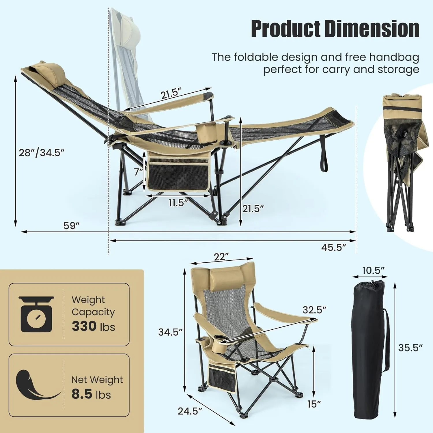 KOTEK Reclining Camping Chair, Portable Lounge Chair with Removable Foot Rest, Adjustable Backrest, Cup Holder & Carry Bag, Folding Camp Chair for Outdoor Traveling Fishing Hiking Picnic (1, Khaki)