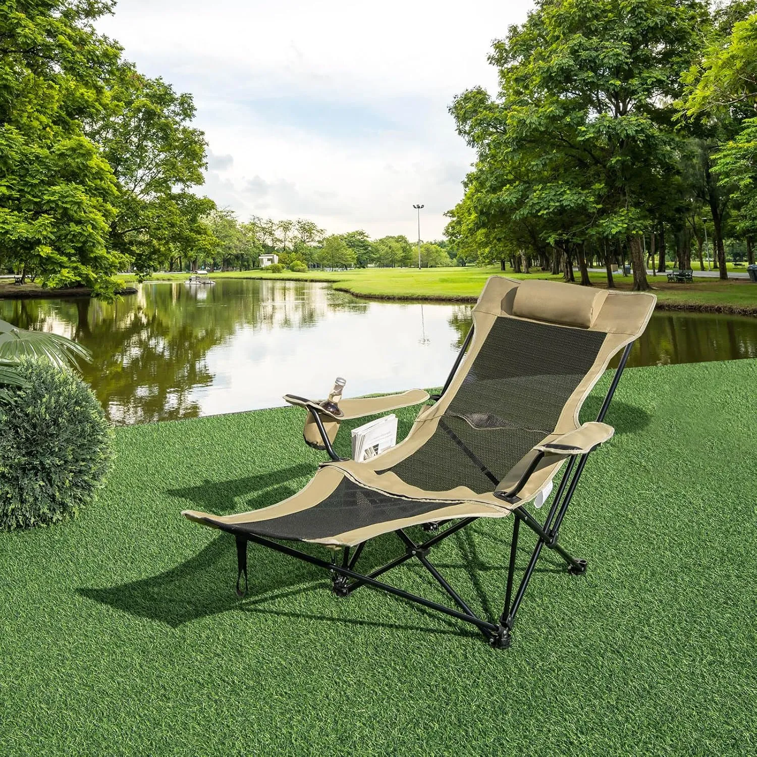 KOTEK Reclining Camping Chair, Portable Lounge Chair with Removable Foot Rest, Adjustable Backrest, Cup Holder & Carry Bag, Folding Camp Chair for Outdoor Traveling Fishing Hiking Picnic (1, Khaki)