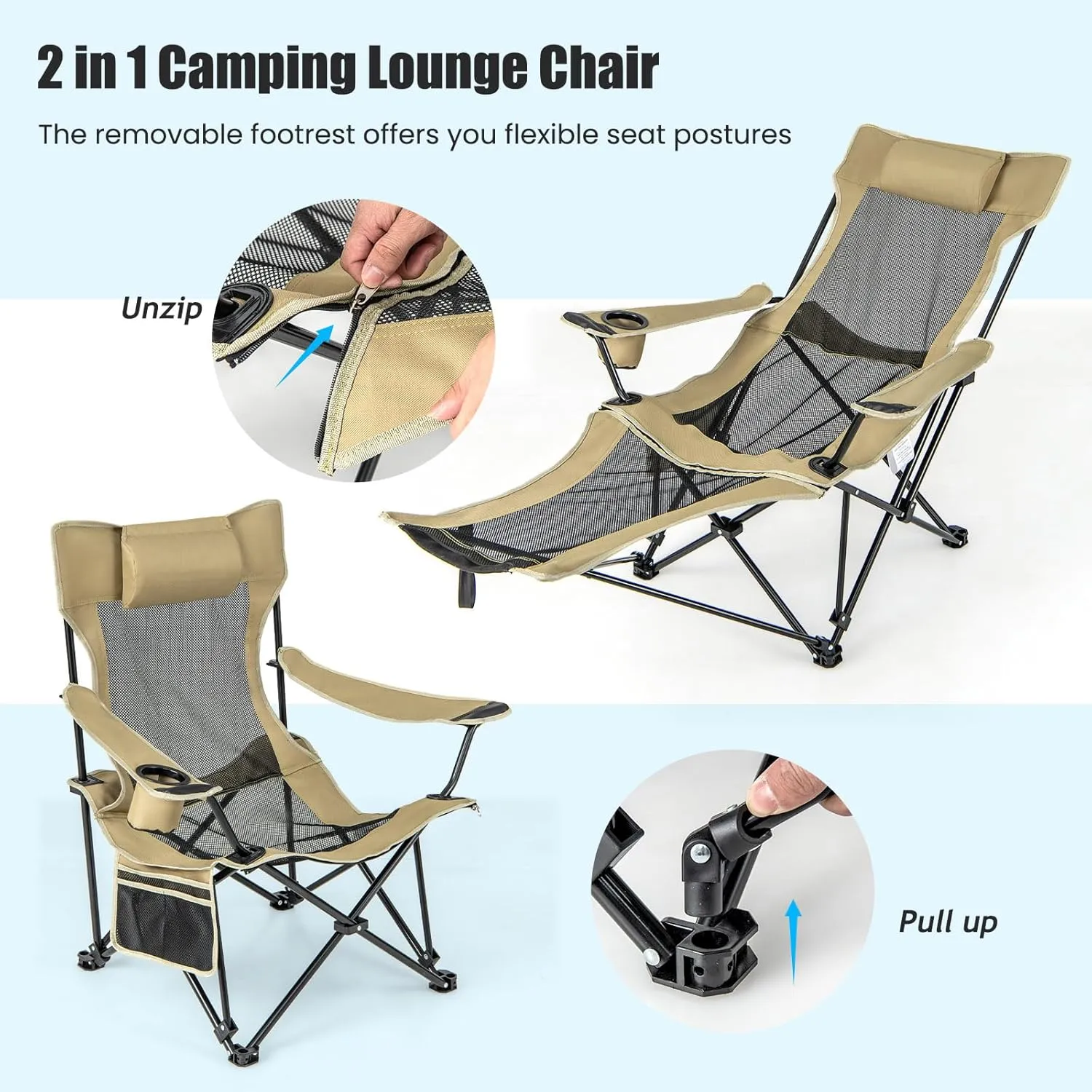 KOTEK Reclining Camping Chair, Portable Lounge Chair with Removable Foot Rest, Adjustable Backrest, Cup Holder & Carry Bag, Folding Camp Chair for Outdoor Traveling Fishing Hiking Picnic (1, Khaki)