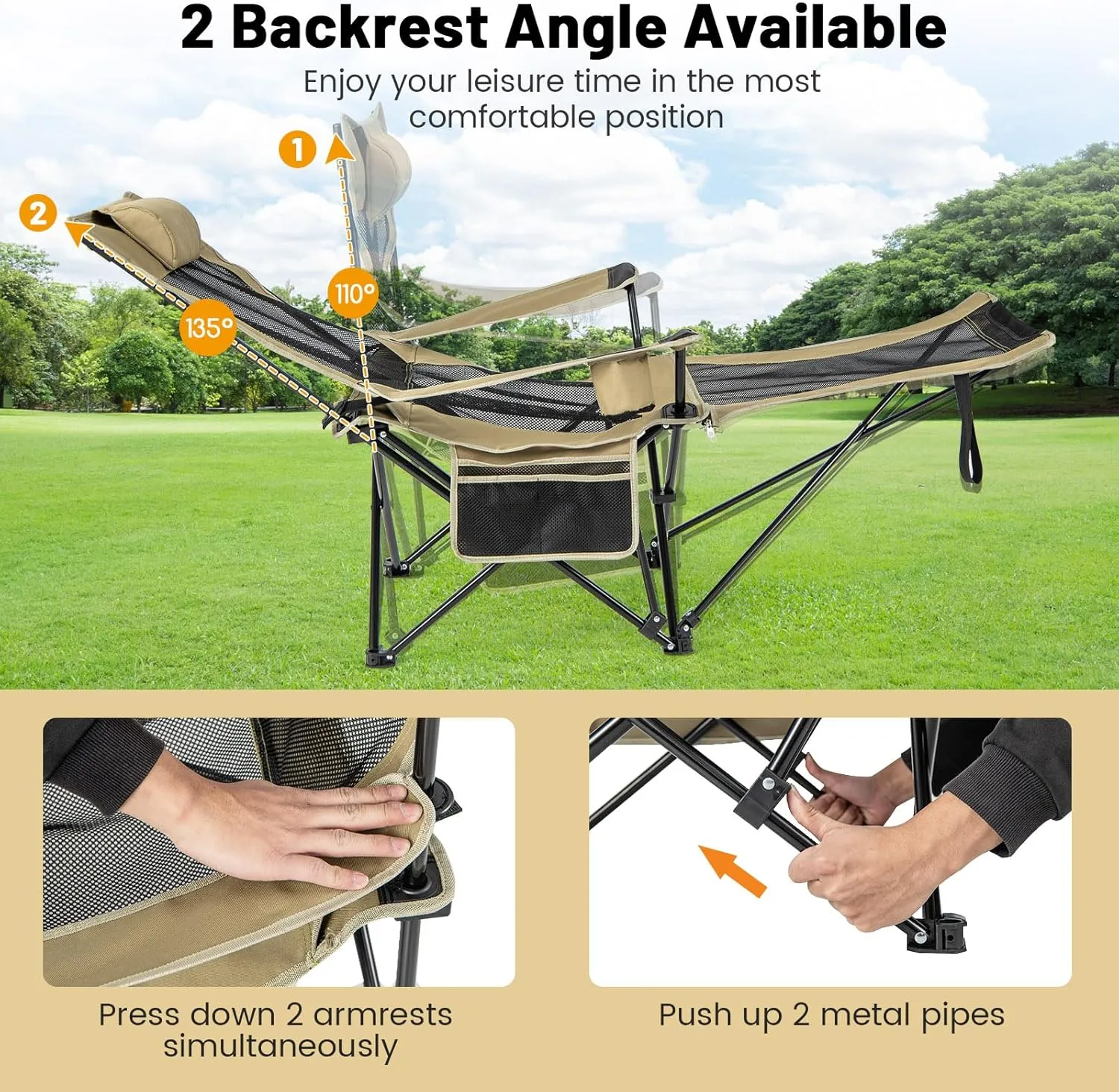 KOTEK Reclining Camping Chair, Portable Lounge Chair with Removable Foot Rest, Adjustable Backrest, Cup Holder & Carry Bag, Folding Camp Chair for Outdoor Traveling Fishing Hiking Picnic (1, Khaki)