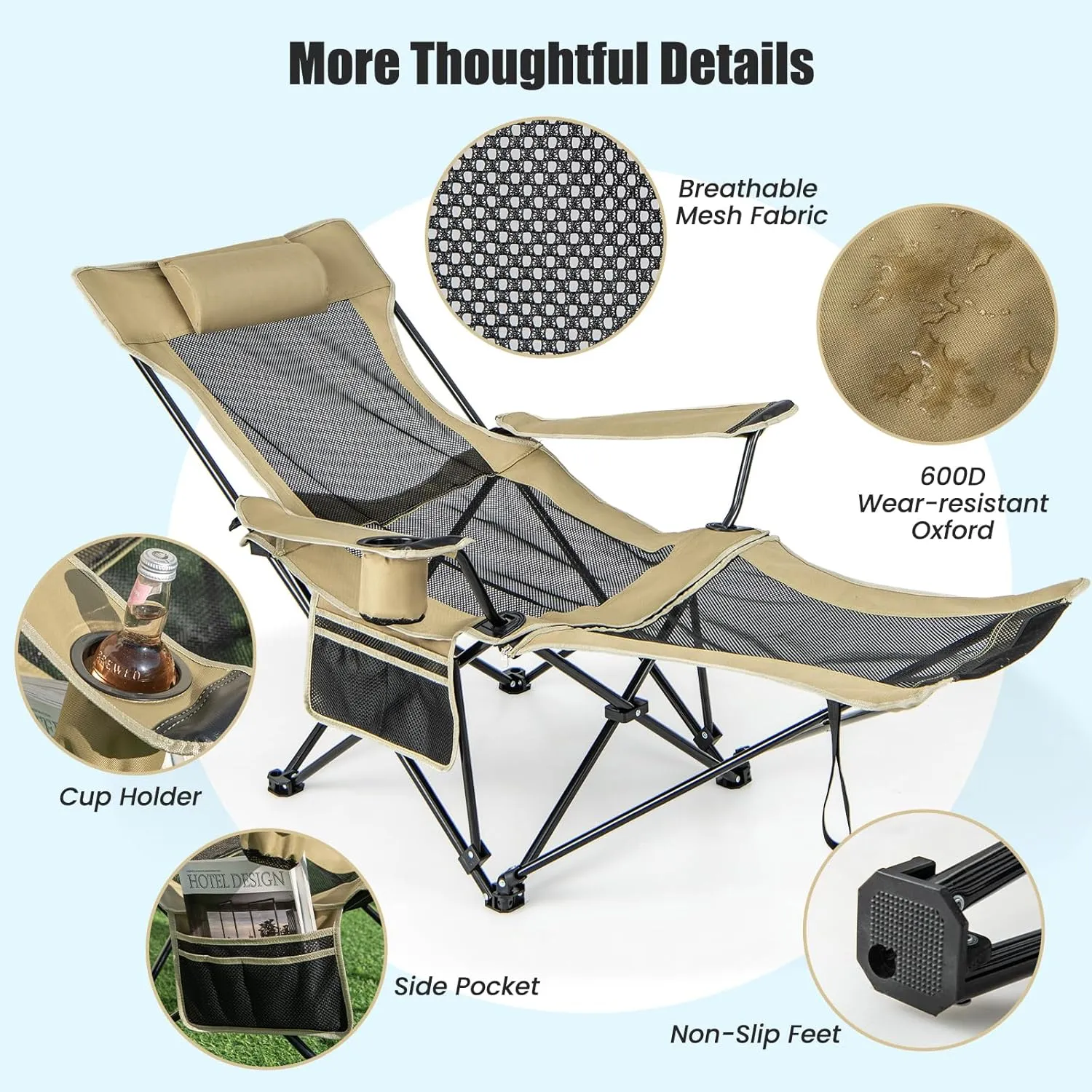 KOTEK Reclining Camping Chair, Portable Lounge Chair with Removable Foot Rest, Adjustable Backrest, Cup Holder & Carry Bag, Folding Camp Chair for Outdoor Traveling Fishing Hiking Picnic (1, Khaki)