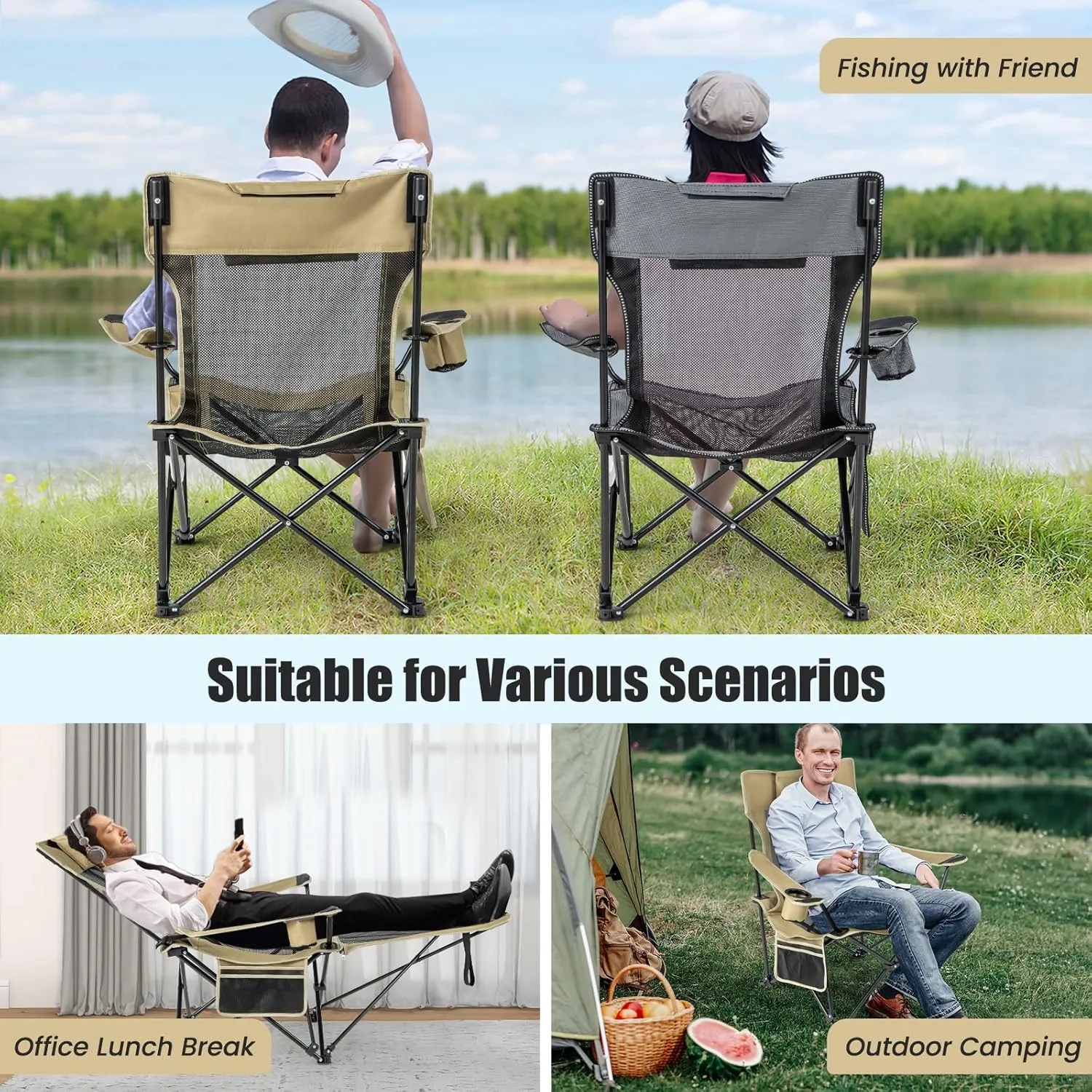 KOTEK Reclining Camping Chair, Portable Lounge Chair with Removable Foot Rest, Adjustable Backrest, Cup Holder & Carry Bag, Folding Camp Chair for Outdoor Traveling Fishing Hiking Picnic (1, Khaki)