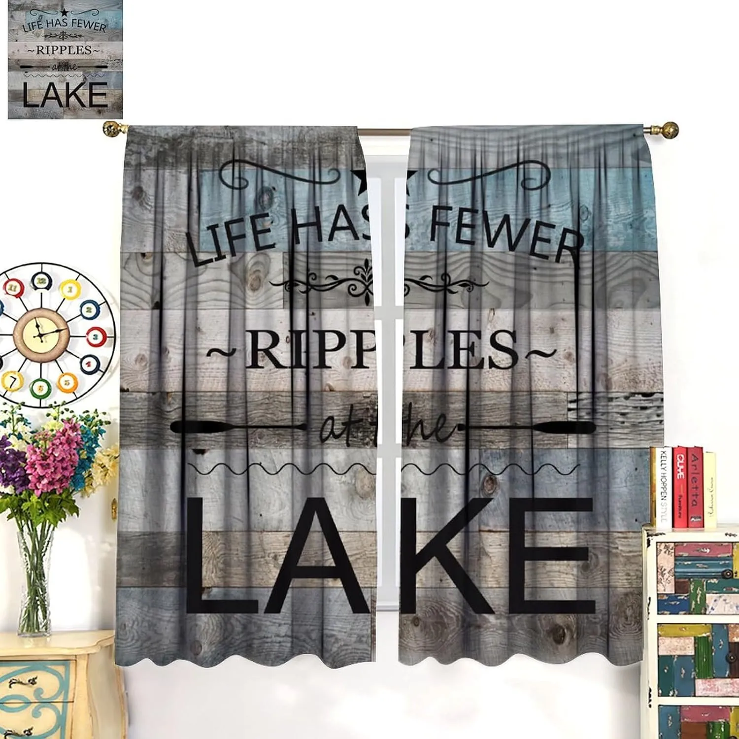 Lake Life Curtains, Rustic Lakeside Cabin Fishing Camping Inspirational Quotes Print Window Treatment for Kitchen Bedroom Living Room Dinning Room Drapes, 42x45 Inch