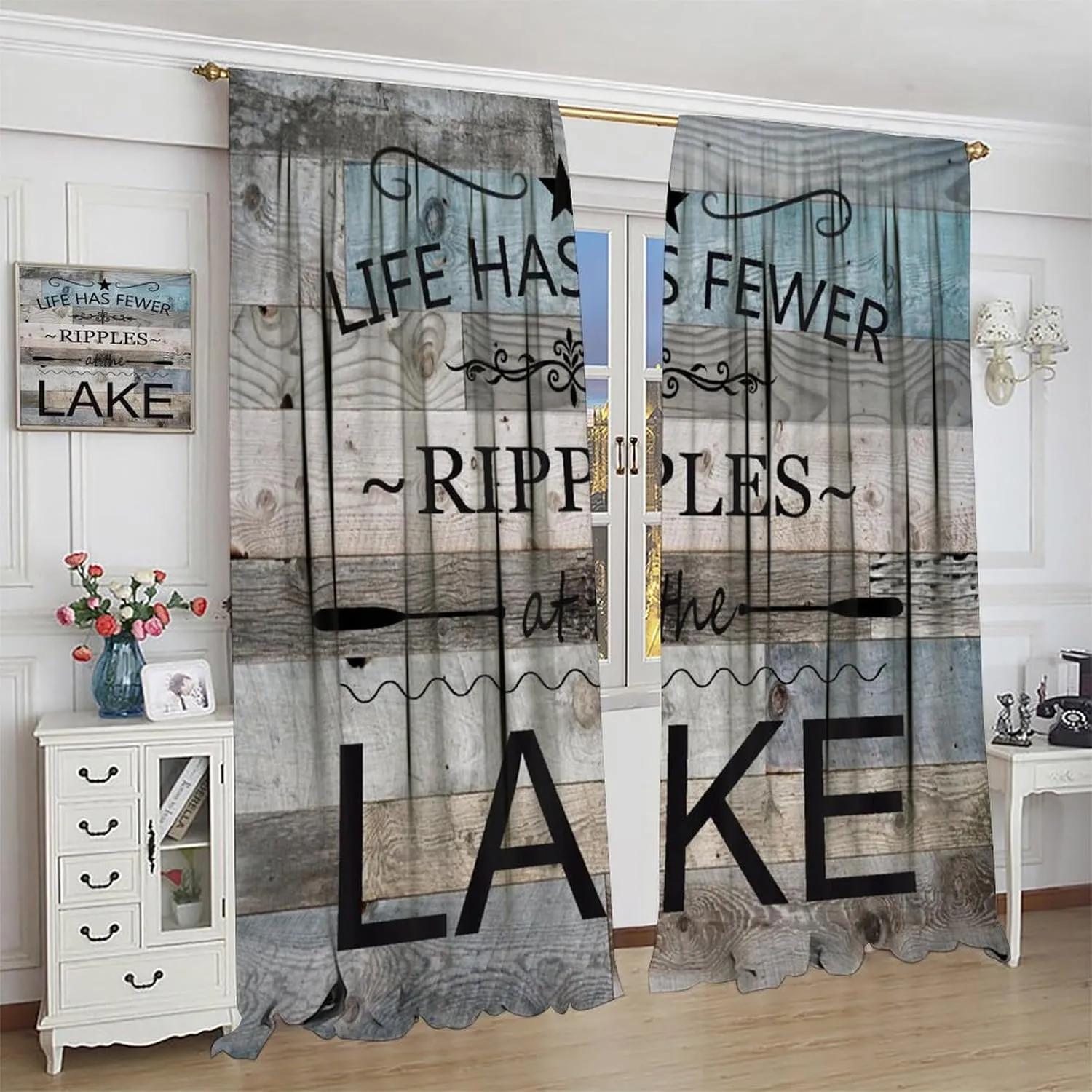 Lake Life Curtains, Rustic Lakeside Cabin Fishing Camping Inspirational Quotes Print Window Treatment for Kitchen Bedroom Living Room Dinning Room Drapes, 42x45 Inch