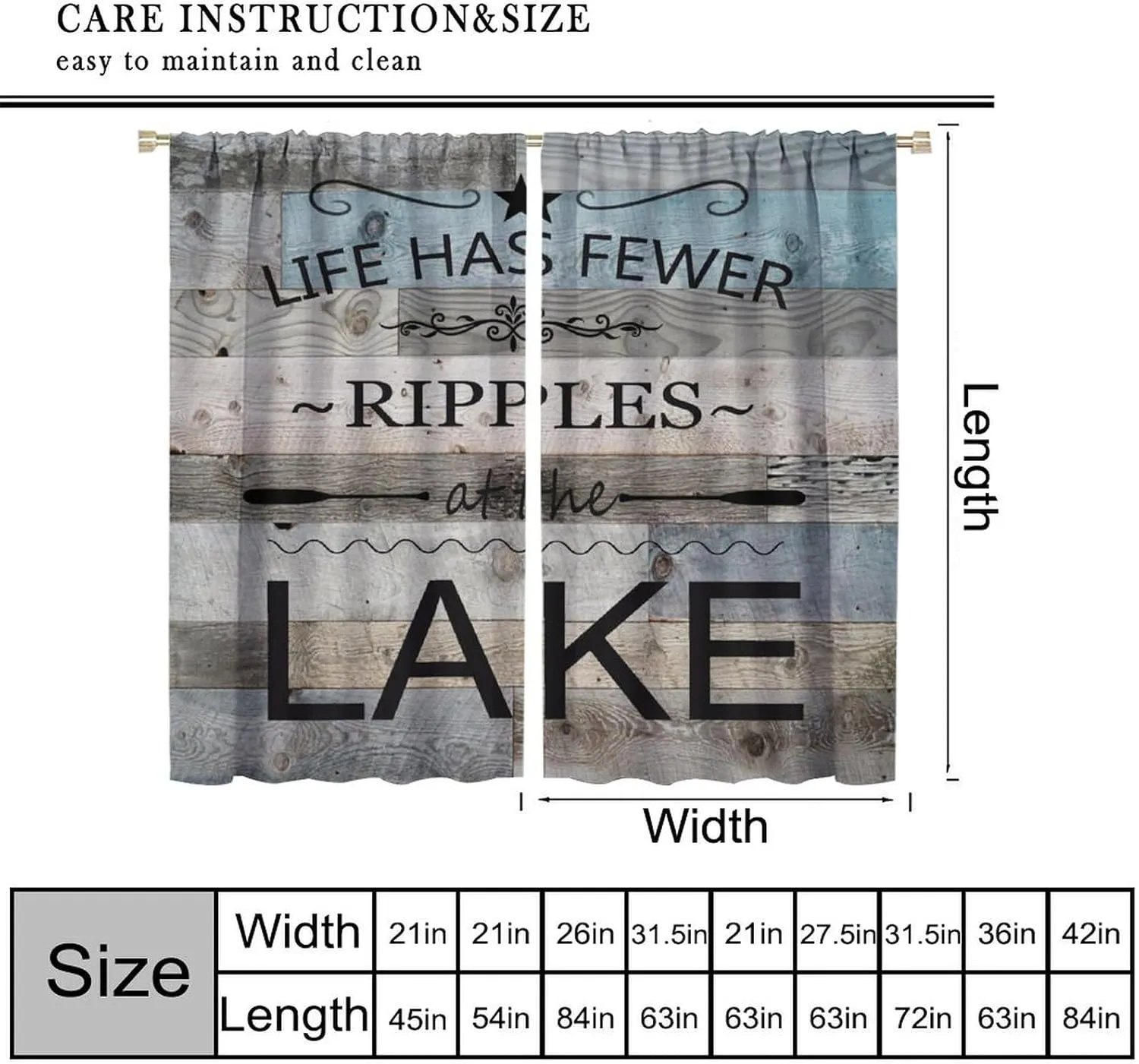 Lake Life Curtains, Rustic Lakeside Cabin Fishing Camping Inspirational Quotes Print Window Treatment for Kitchen Bedroom Living Room Dinning Room Drapes, 42x45 Inch