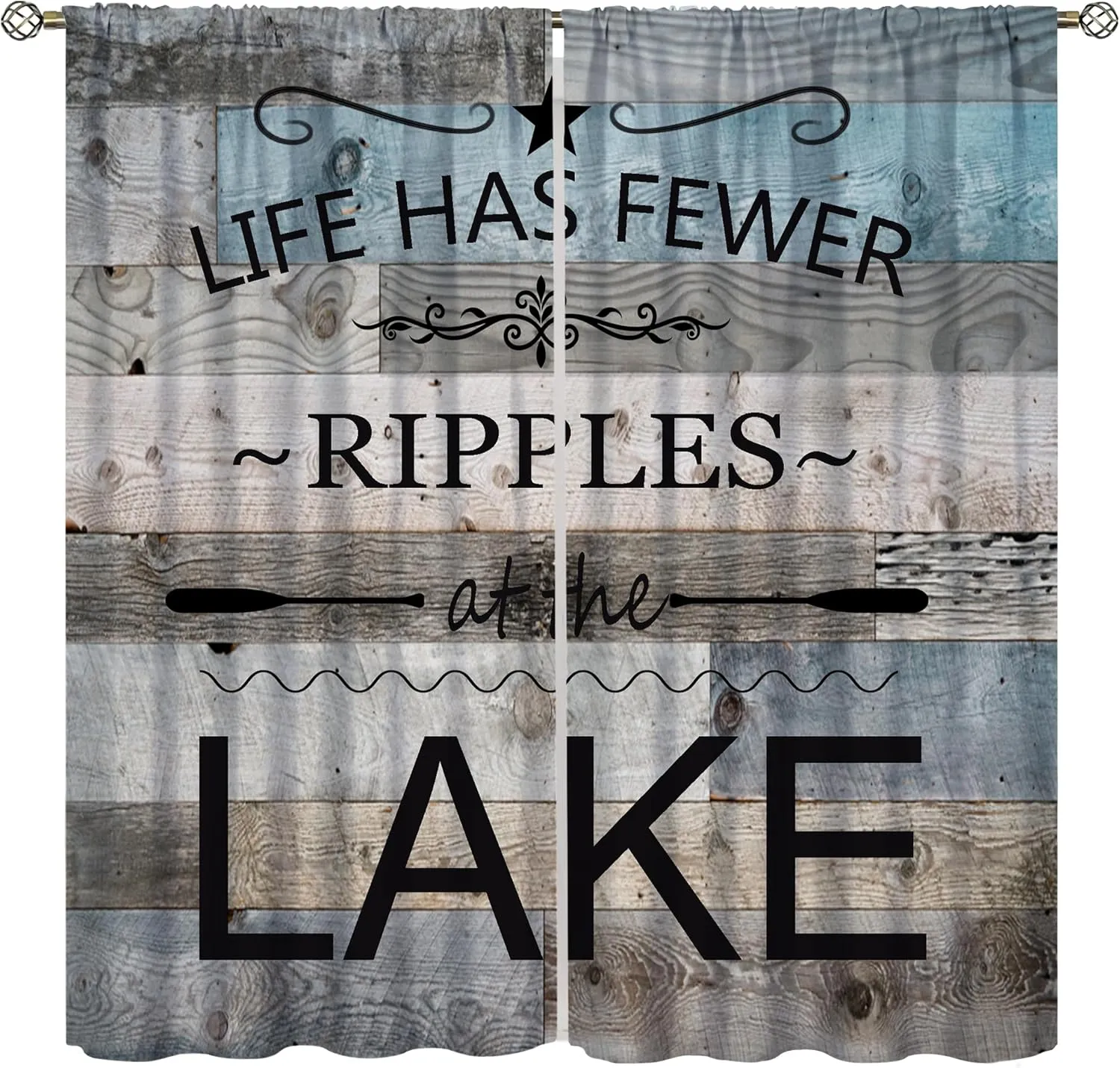 Lake Life Curtains, Rustic Lakeside Cabin Fishing Camping Inspirational Quotes Print Window Treatment for Kitchen Bedroom Living Room Dinning Room Drapes, 42x45 Inch
