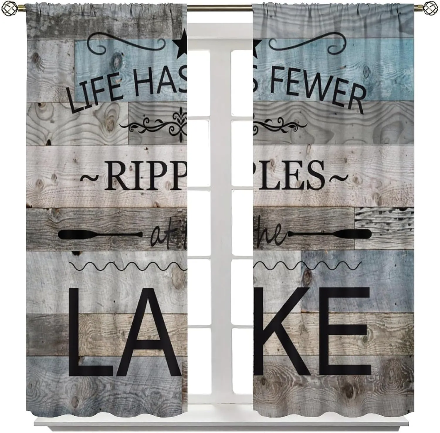 Lake Life Curtains, Rustic Lakeside Cabin Fishing Camping Inspirational Quotes Print Window Treatment for Kitchen Bedroom Living Room Dinning Room Drapes, 42x45 Inch