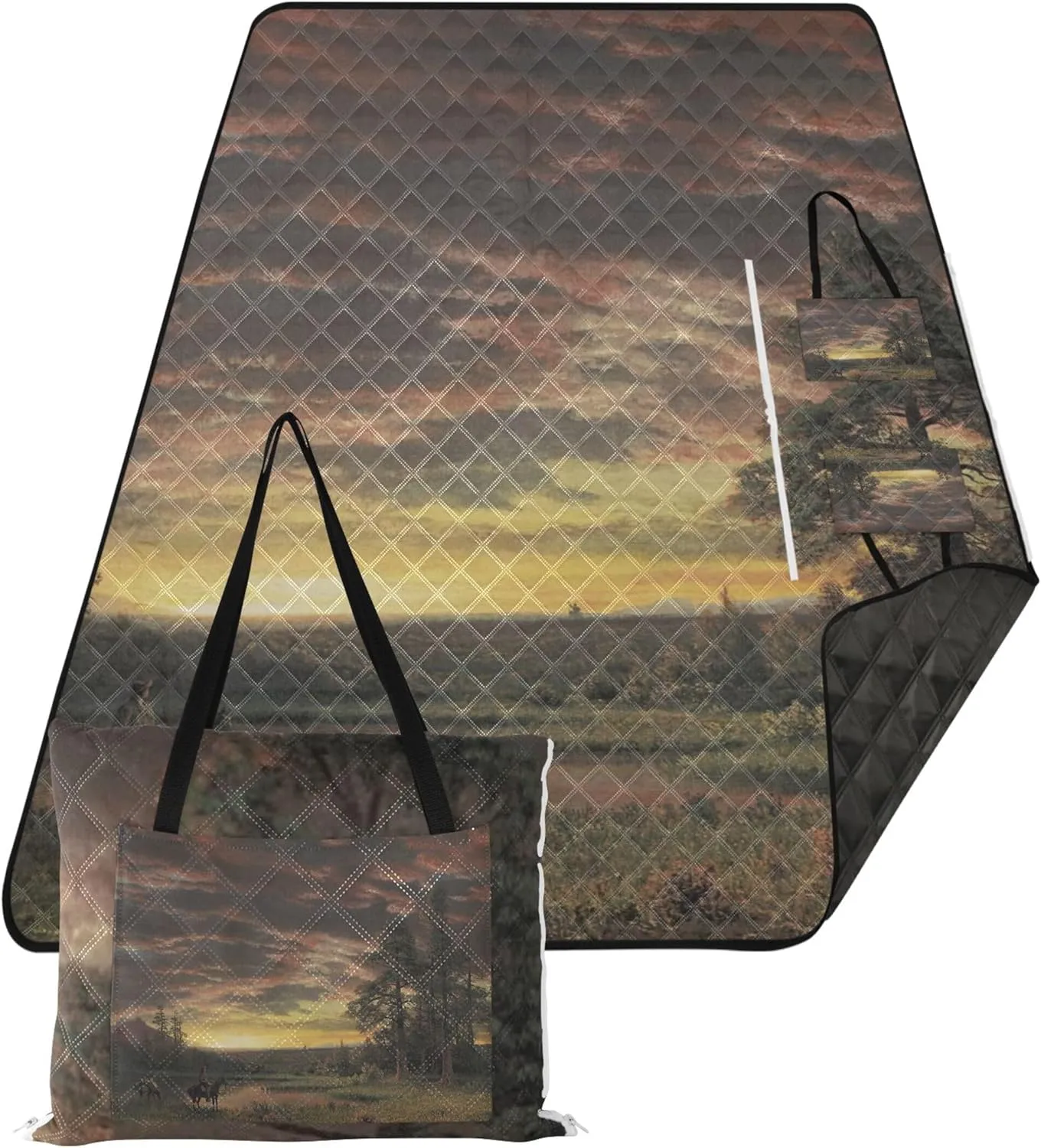 Landscape Bierstadt Albert Evening Prairie Beach Mat Waterproof Sandproof Floral Tent Rugs for Camping Mat Pink Picnic Blanket Foldable 80" x 60"