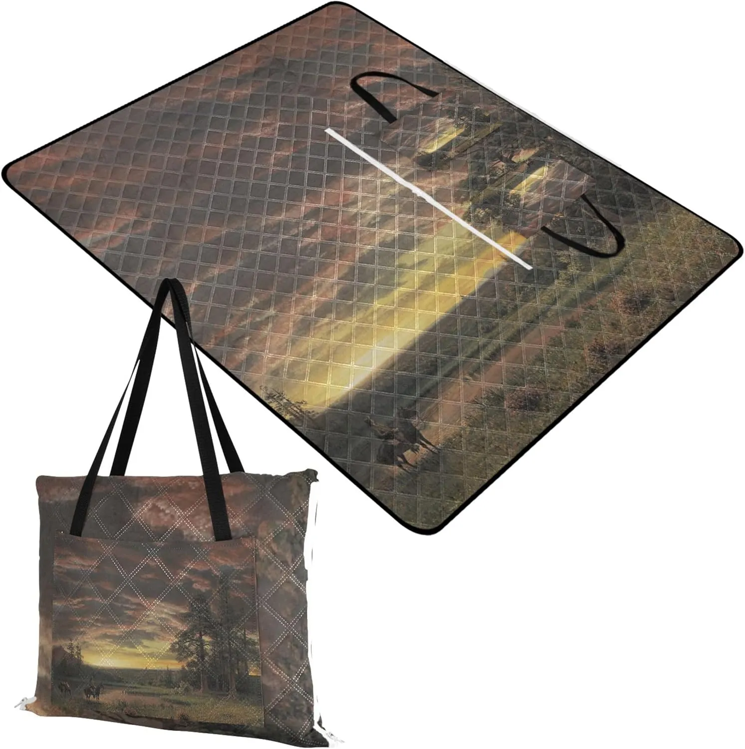 Landscape Bierstadt Albert Evening Prairie Beach Mat Waterproof Sandproof Floral Tent Rugs for Camping Mat Pink Picnic Blanket Foldable 80" x 60"