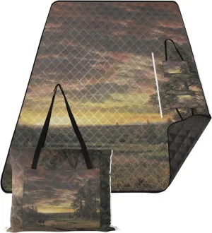Landscape Bierstadt Albert Evening Prairie Beach Mat Waterproof Sandproof Floral Tent Rugs for Camping Mat Pink Picnic Blanket Foldable 80" x 60"
