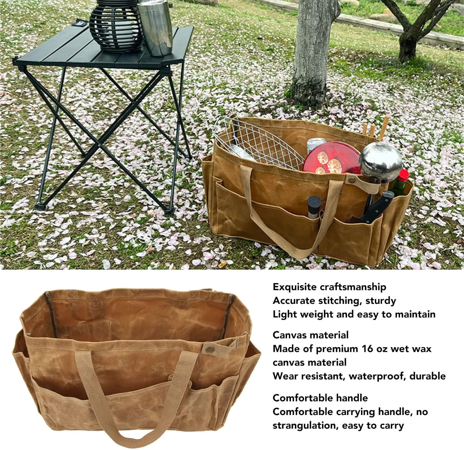 Large Canvas Pot Storage Bag, Water Proof Waxed Canvas Camp Kitchen Organizer with Multiple Pockets Heavy Duty Carry Handle for Camping BBQ Picnics Outdoor Cooking Gear