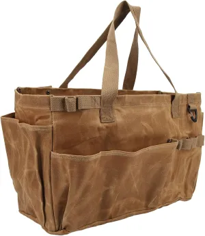 Large Canvas Pot Storage Bag, Water Proof Waxed Canvas Camp Kitchen Organizer with Multiple Pockets Heavy Duty Carry Handle for Camping BBQ Picnics Outdoor Cooking Gear